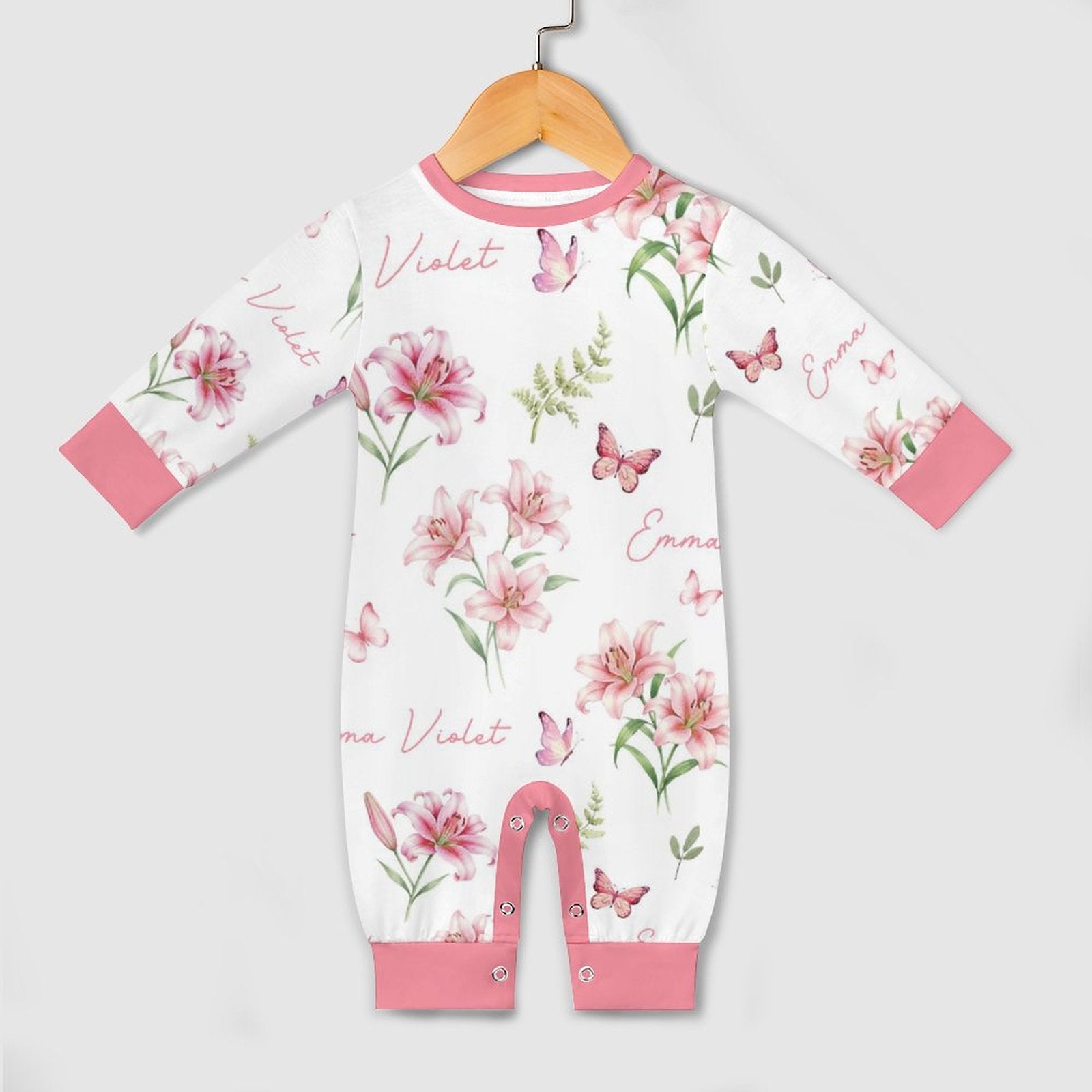 Personalized Baby Long Sleeved Romper in Pink Lilys