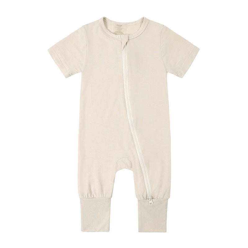 Short Sleeves Zip Romper in Beige