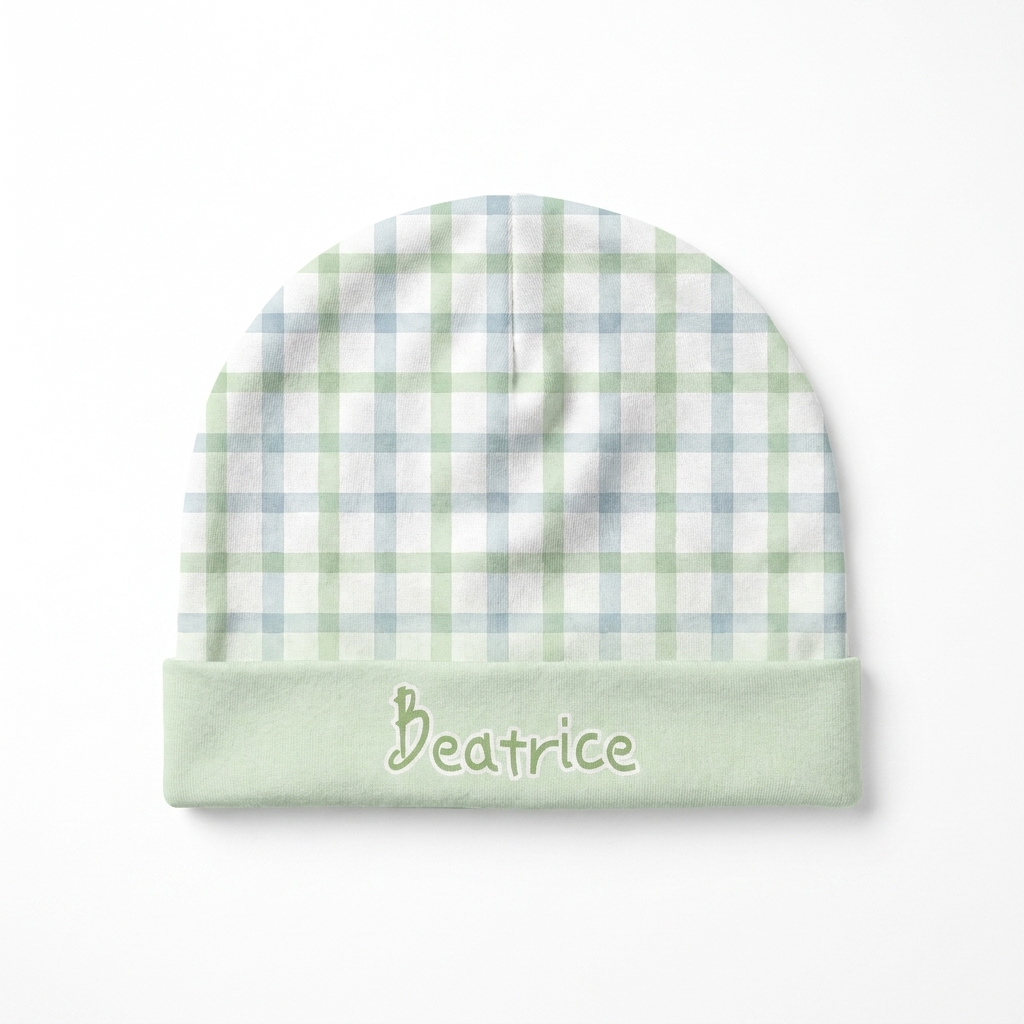 Personalized Beanie in Sage Blue Plaid
