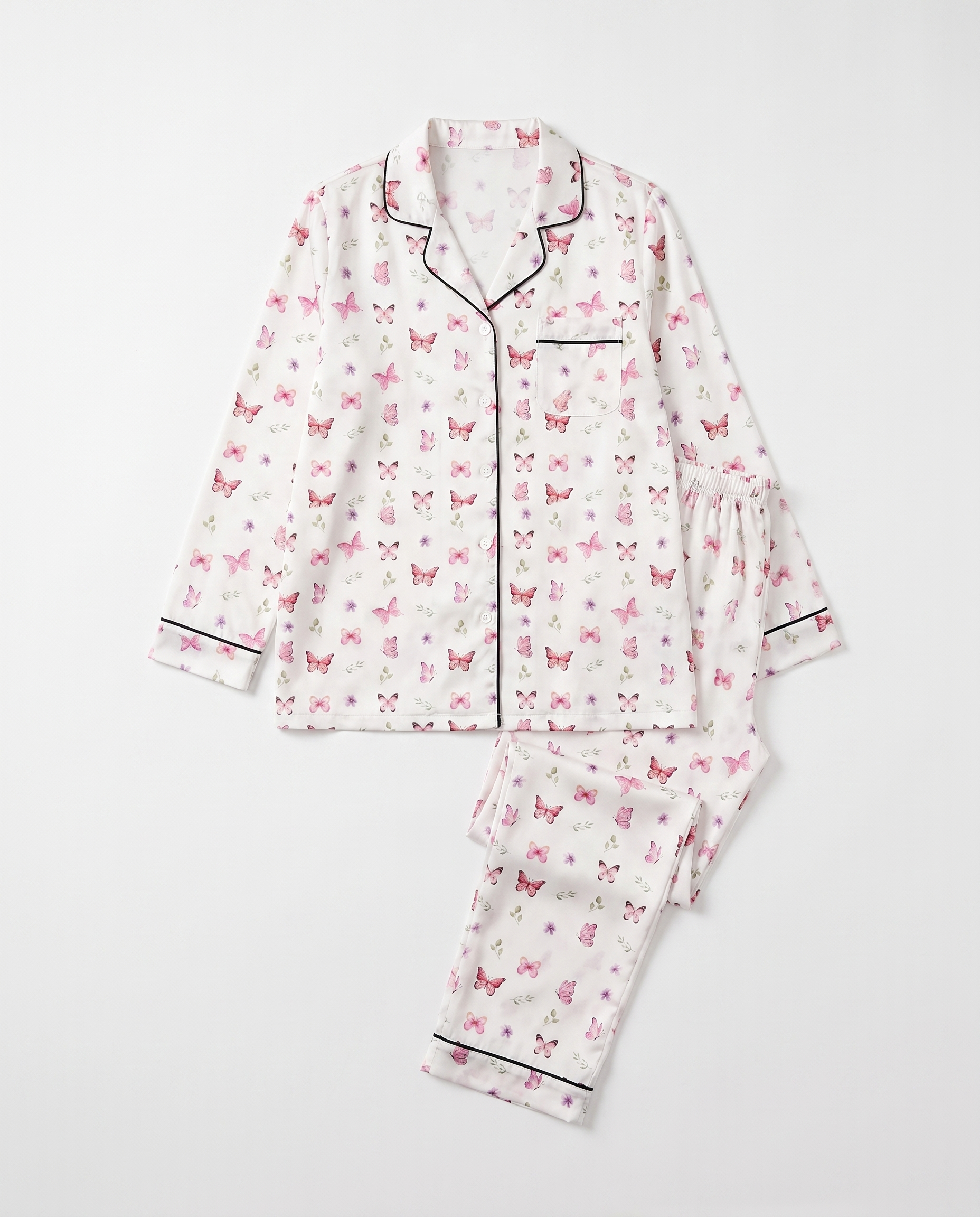 Long-Sleeved Women's Pajama Set in Pink Butterfly