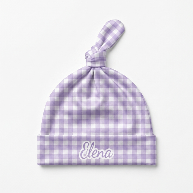 Personalized Knotted Hat in Lilac Gingham
