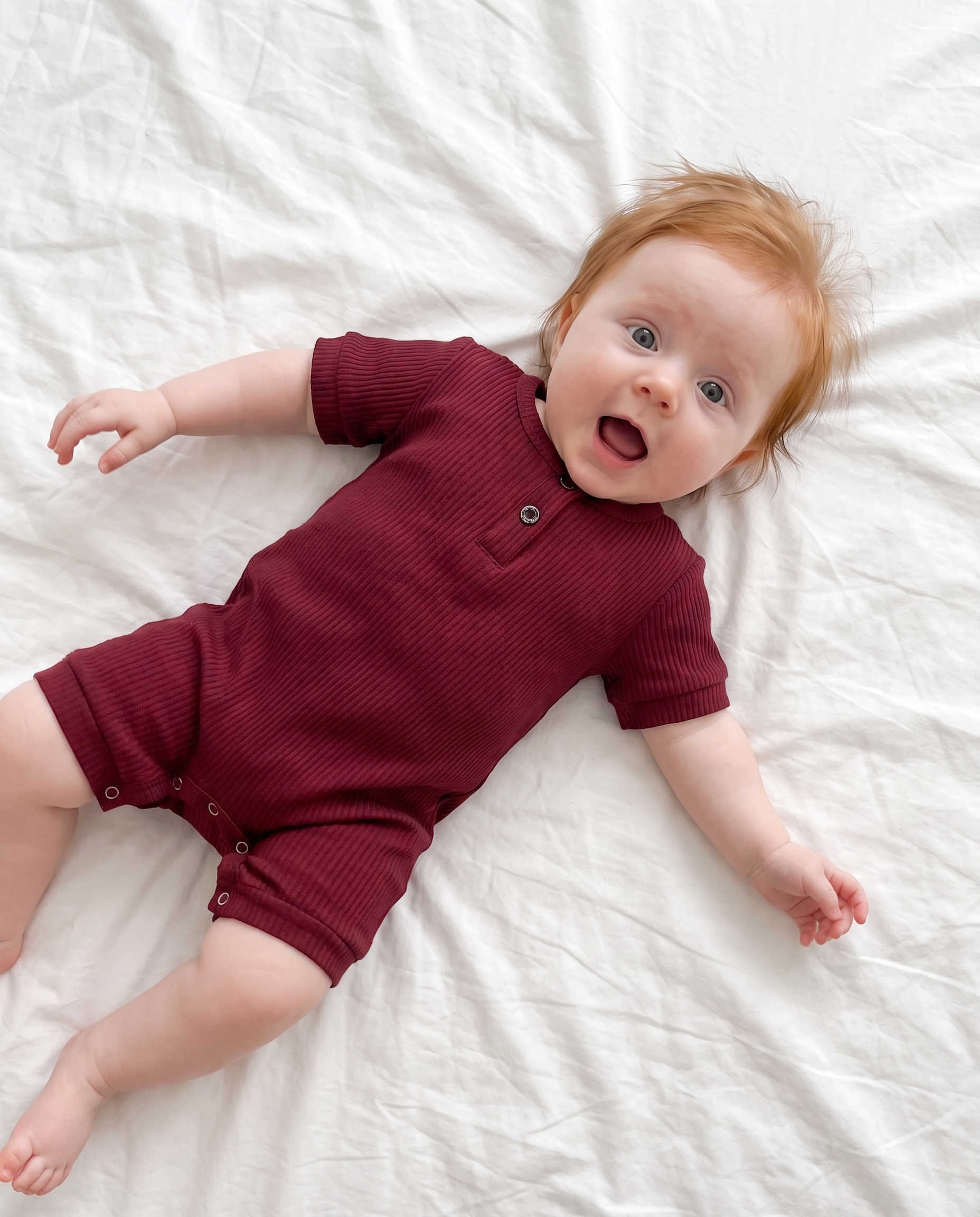 Ribbed Short-sleeved Snap Romper in Red Wine