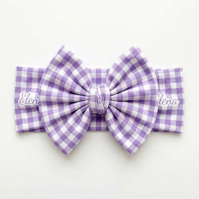 Personalized Bow Headband in Lilac Gingham