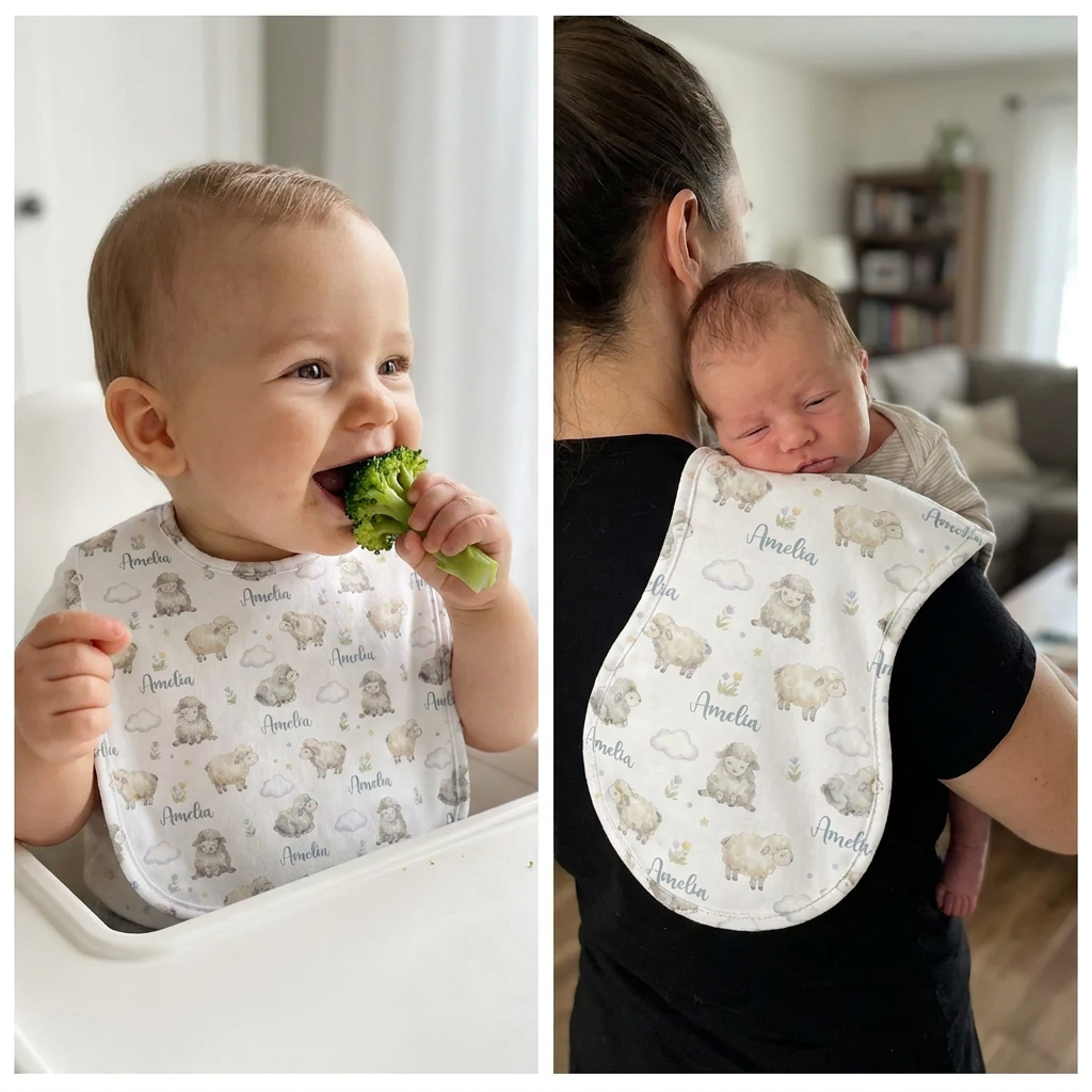 Personalized Bib and Burp Cloths in Lamb