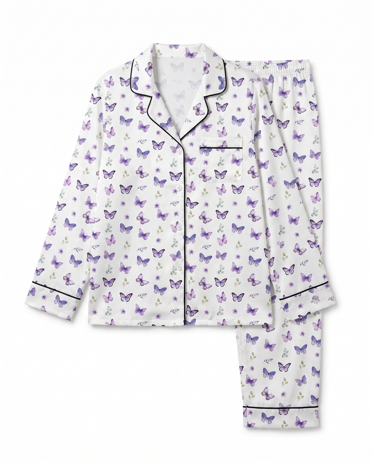 Long-Sleeved Women's Pajama Set in Purple Butterfly