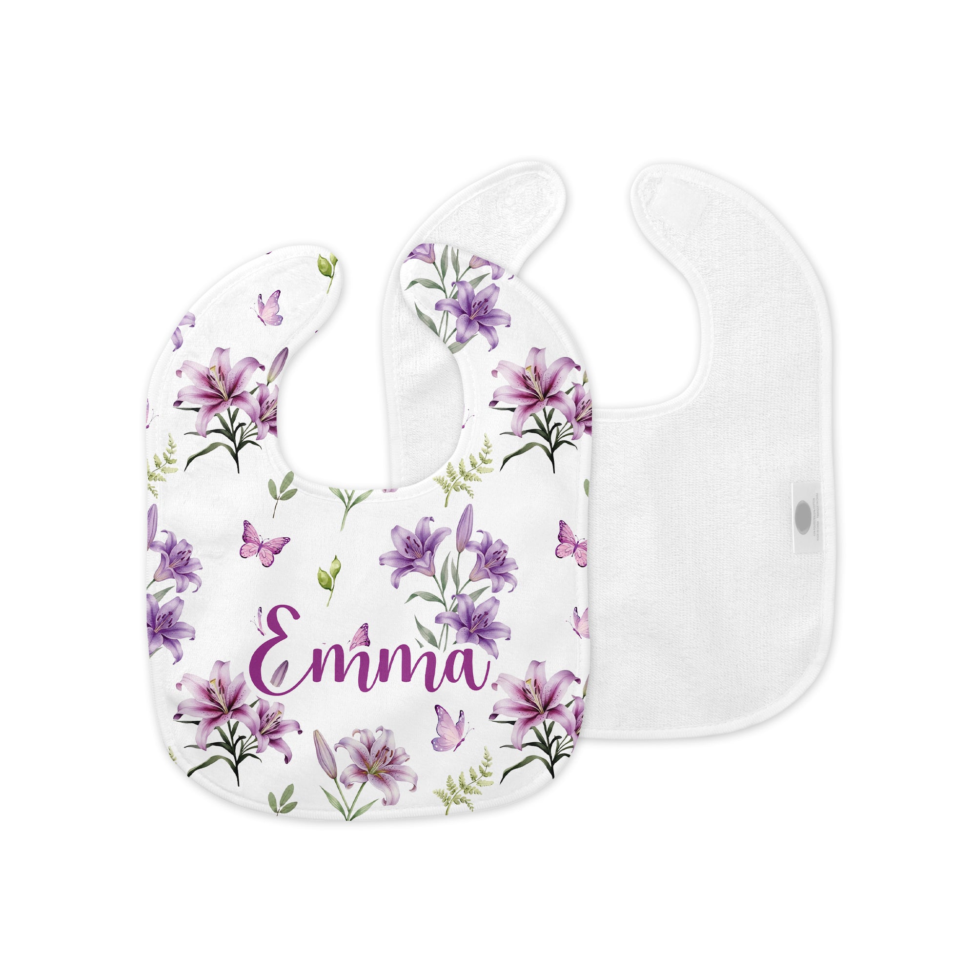 Personalized Bib and Burp Cloth Set in Purple Lilys