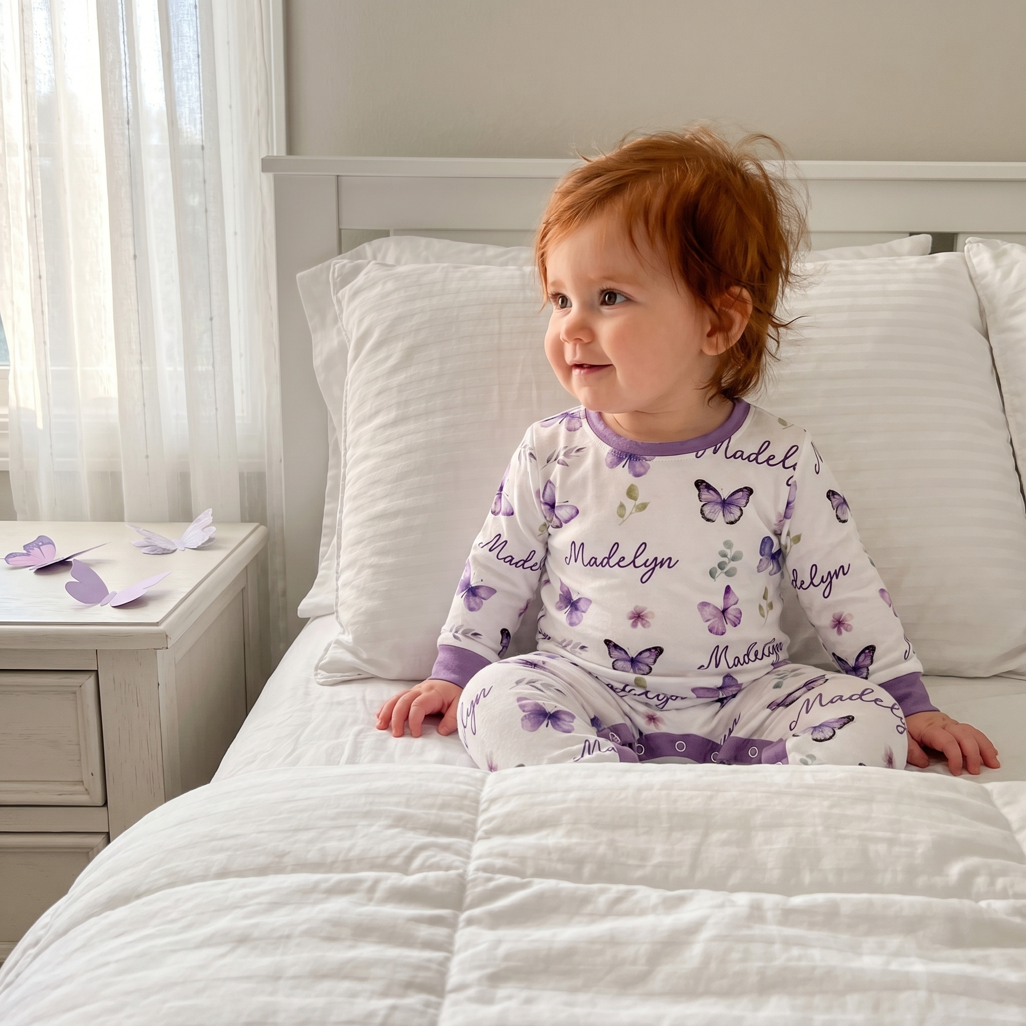 Personalized Baby Long Sleeved Romper in Purple Butterfly
