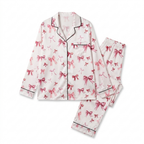 Long-Sleeved Women's Pajama Set in White Coquette Bow