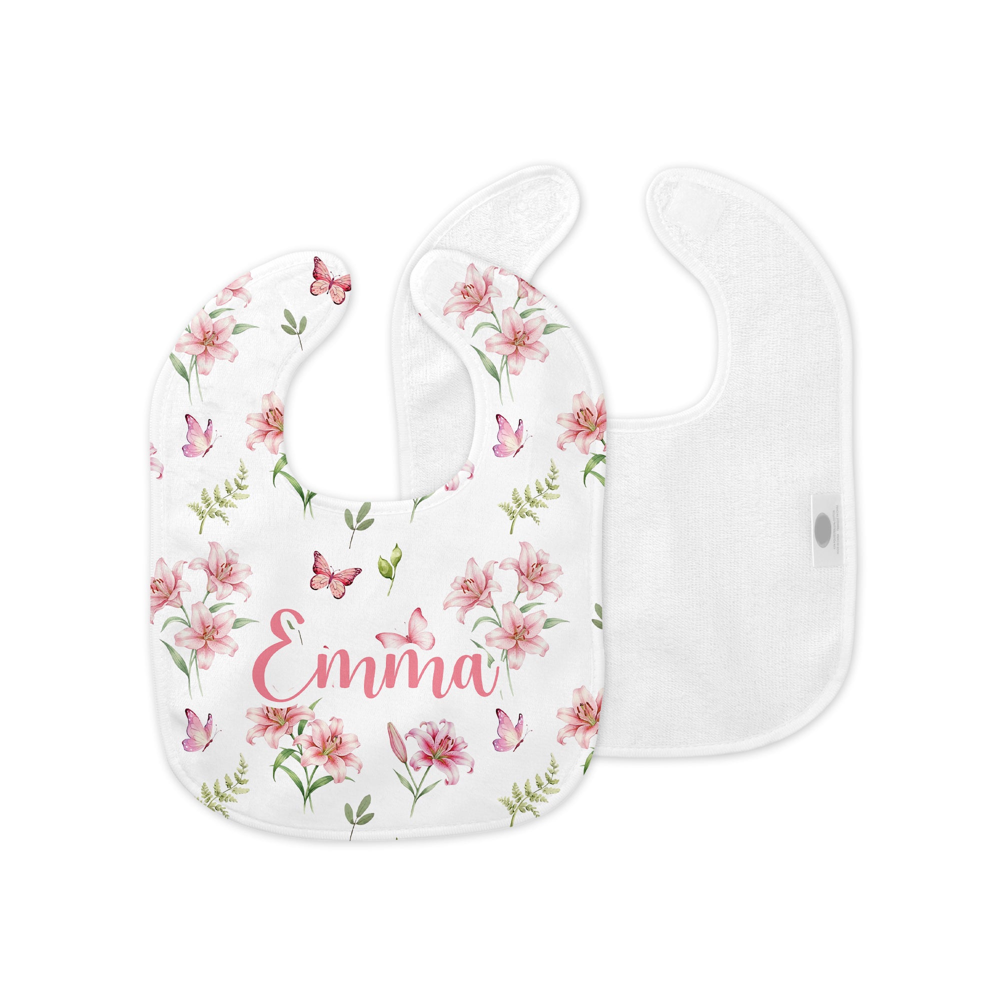 Personalized Bib and Burp Cloth Set in Pink Lilys