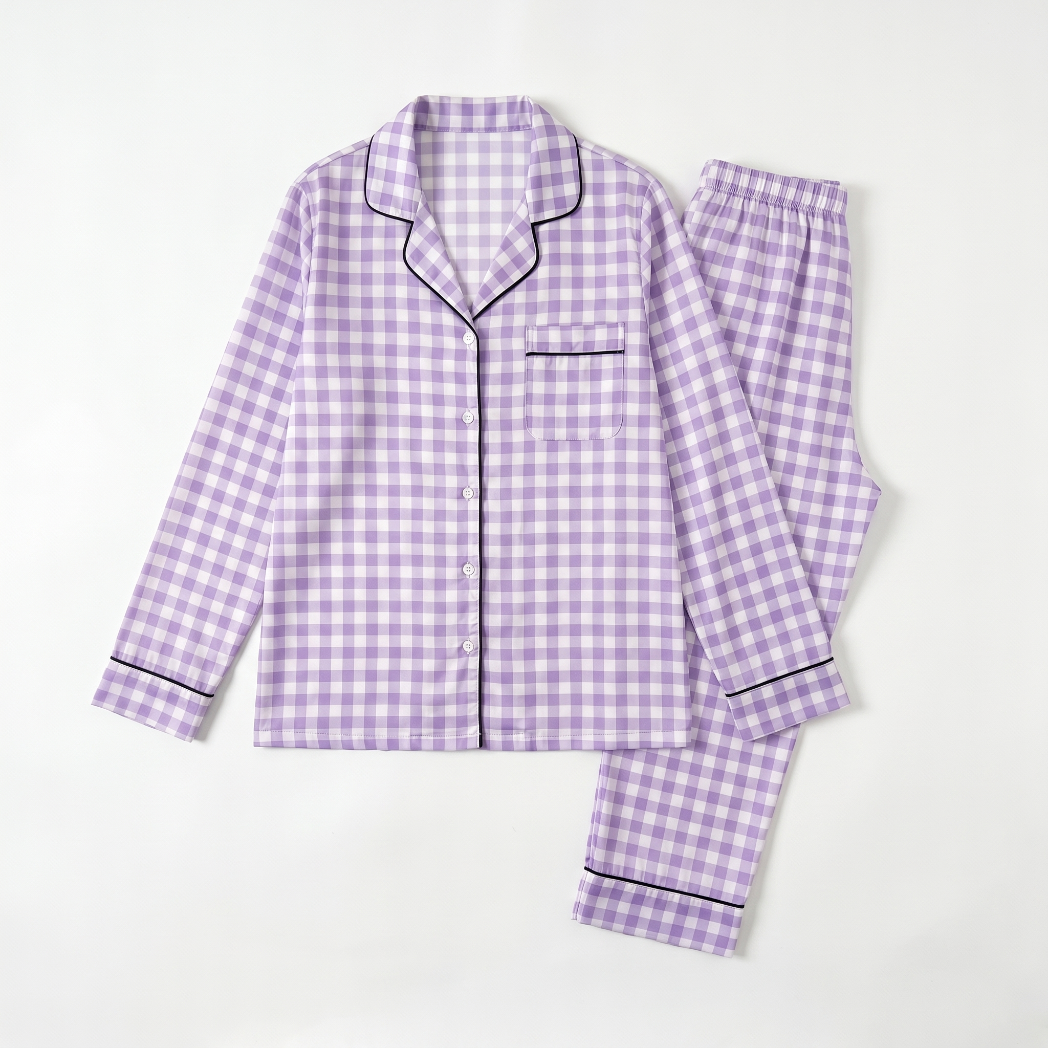 Long-Sleeved Women's Pajama Set in Lilac Gingham