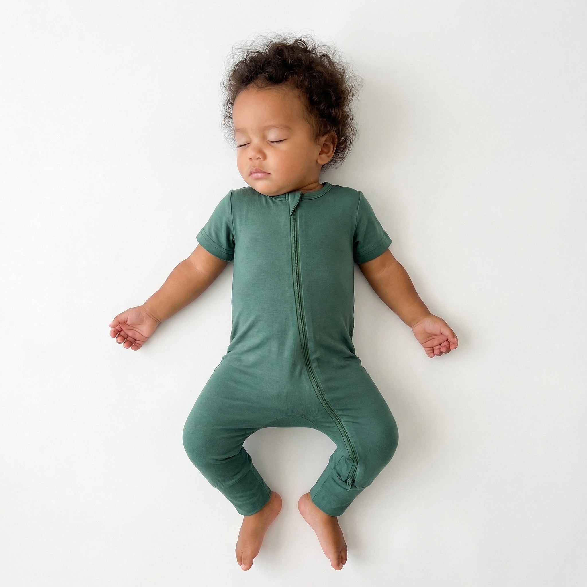 Short Sleeves Zip Romper in Evergreen