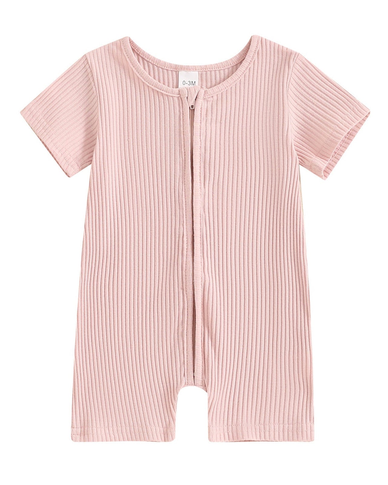 Short-sleeved Ribbed Zip Romper in Pink