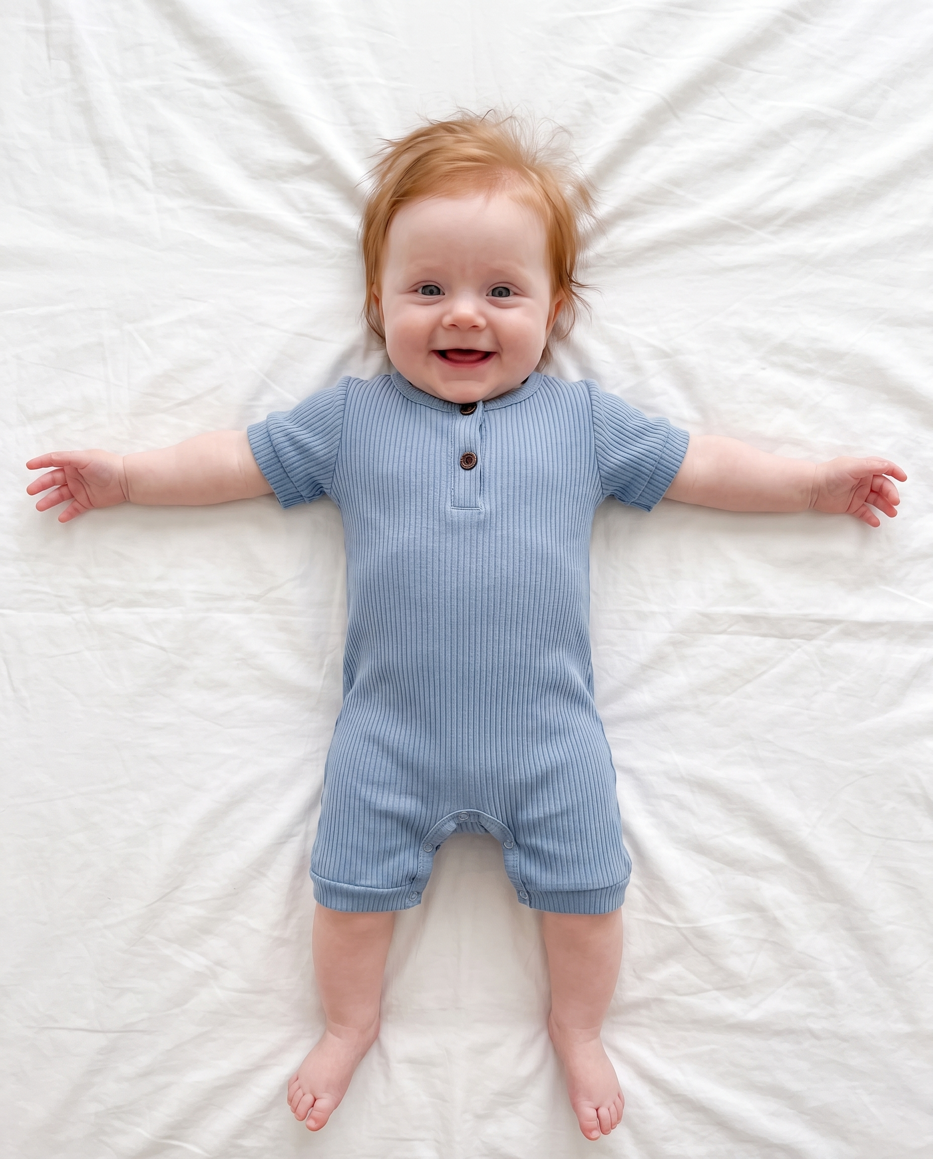 Ribbed Short-sleeved Snap Romper in Blue