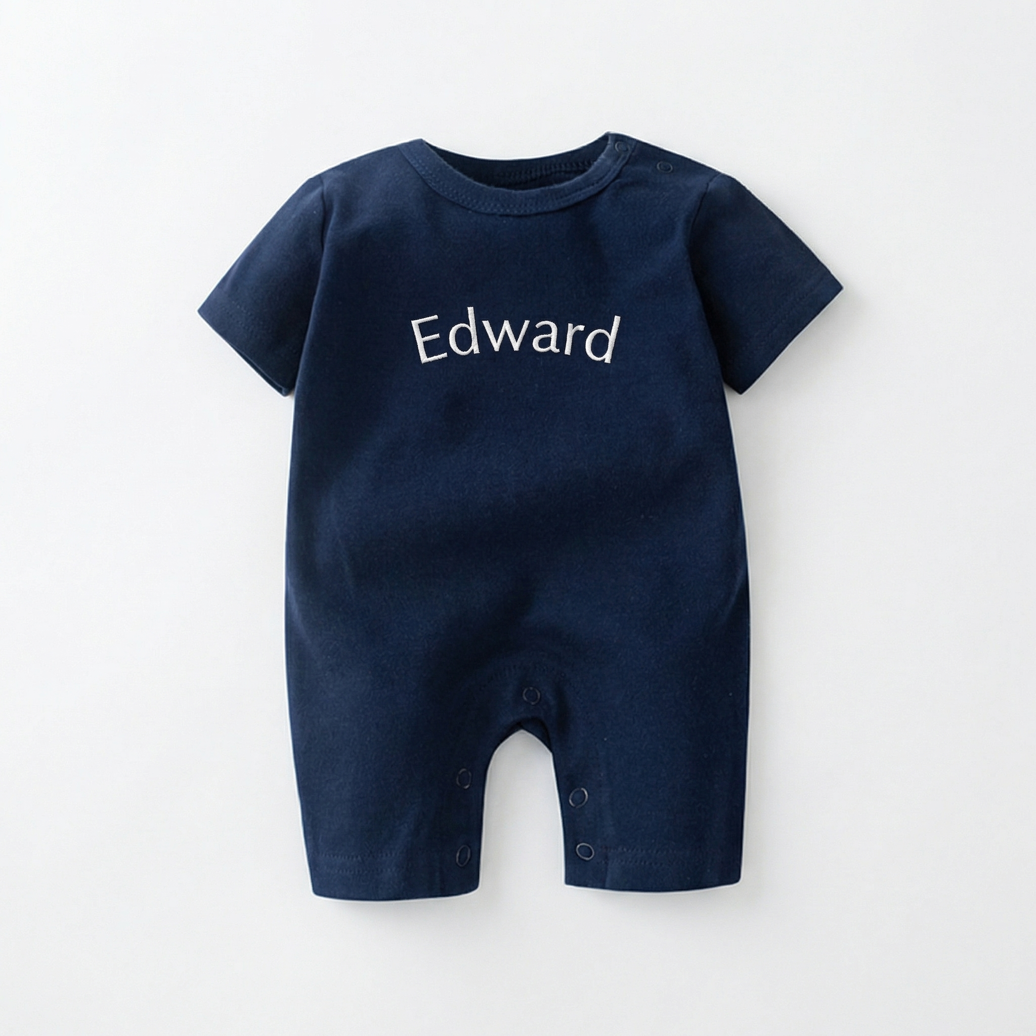 Embroidered Short Sleeve Snap Romper in Navy Blue