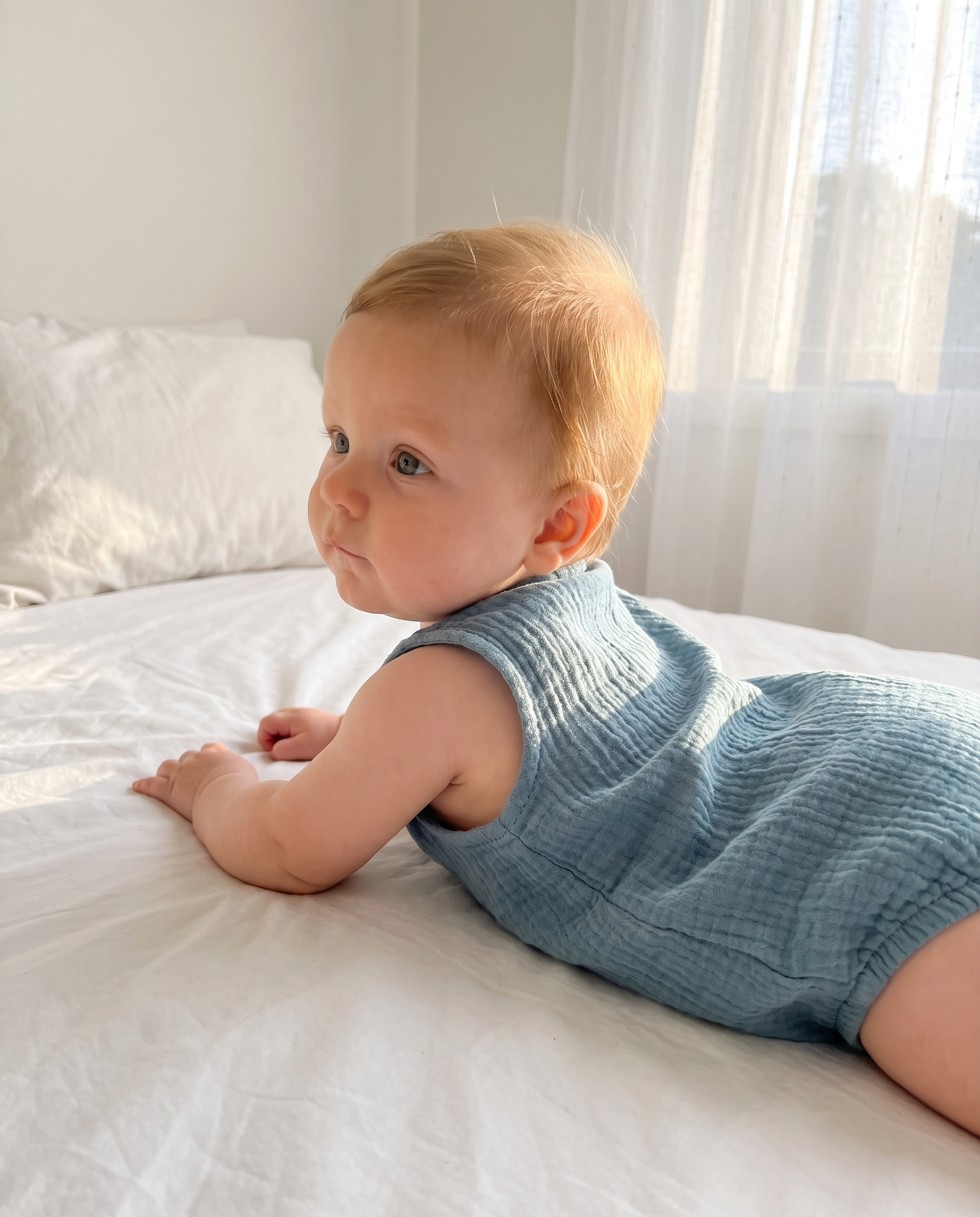 Sleeveless Muslin Bubble Romper in Lake Blue