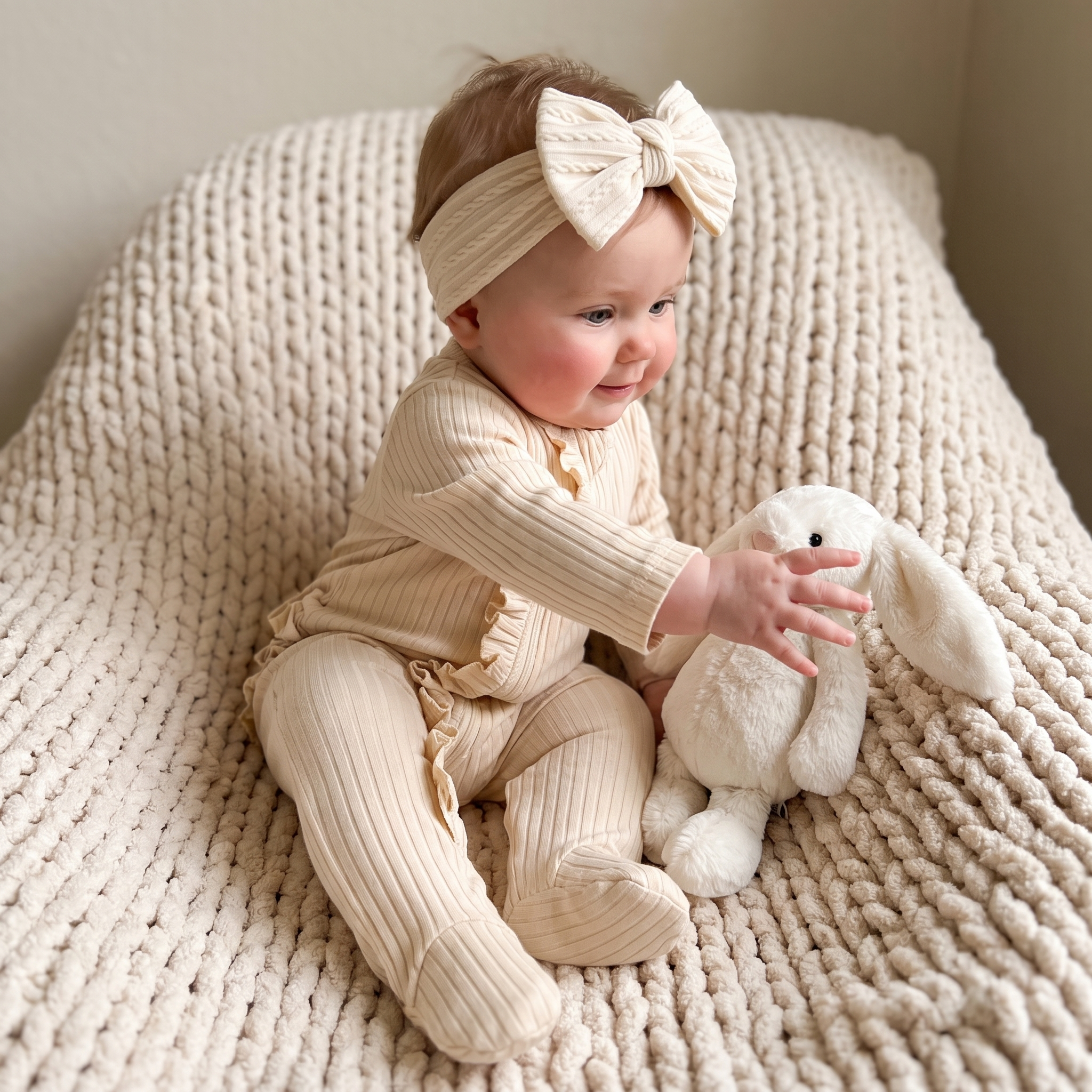 Ruffle Zipper Footie in Beige