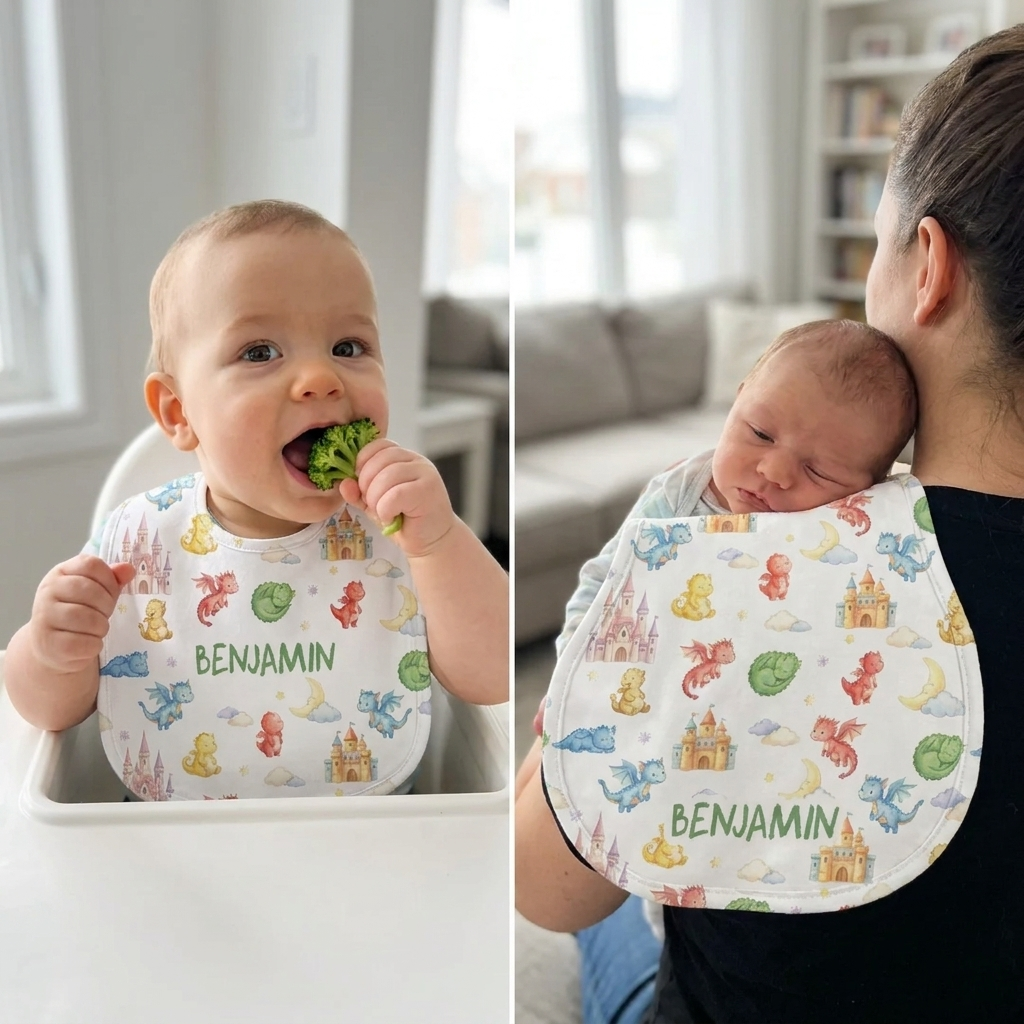 Personalized Bib and Burp Cloths in Dragon Kingdom