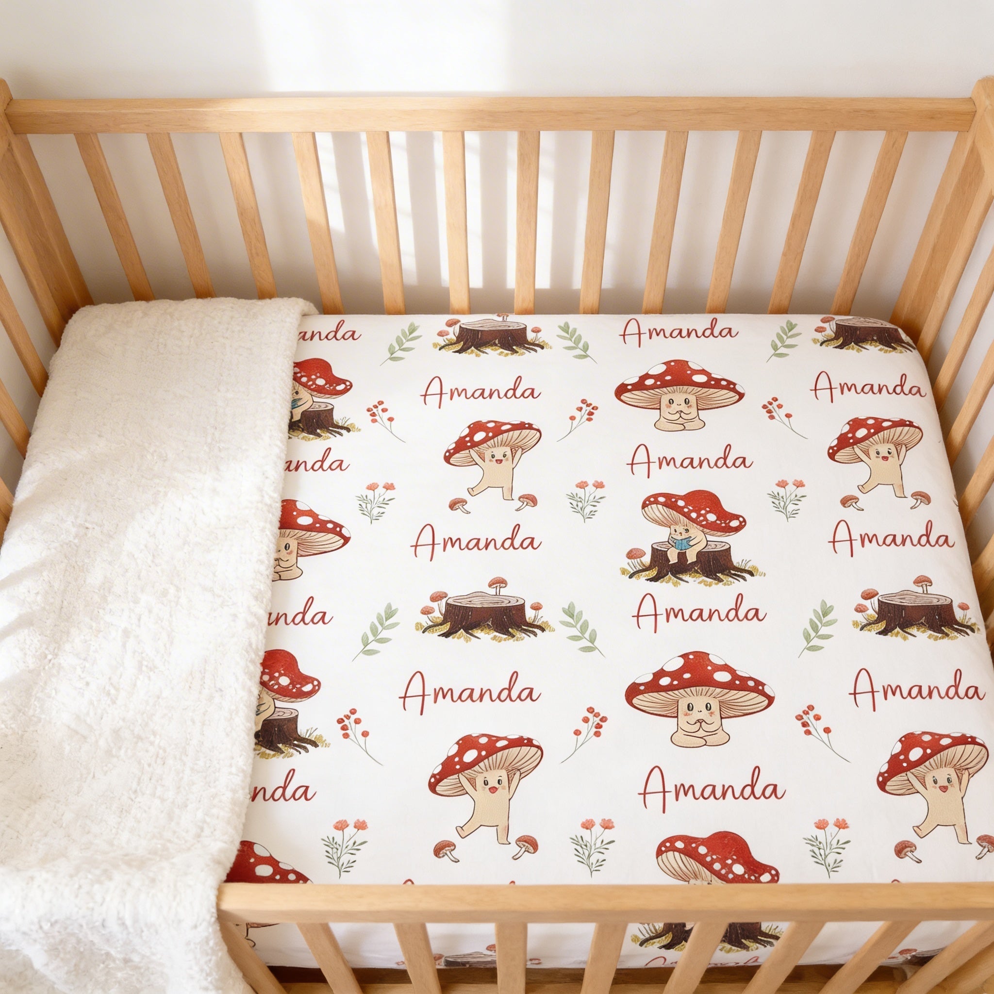 Personalized Crib Sheet in Mushroom