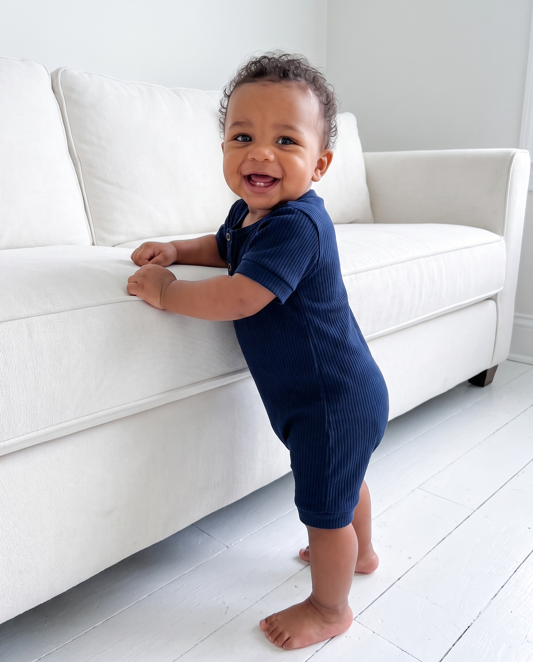 Ribbed Short-sleeved Snap Romper in Navy Blue