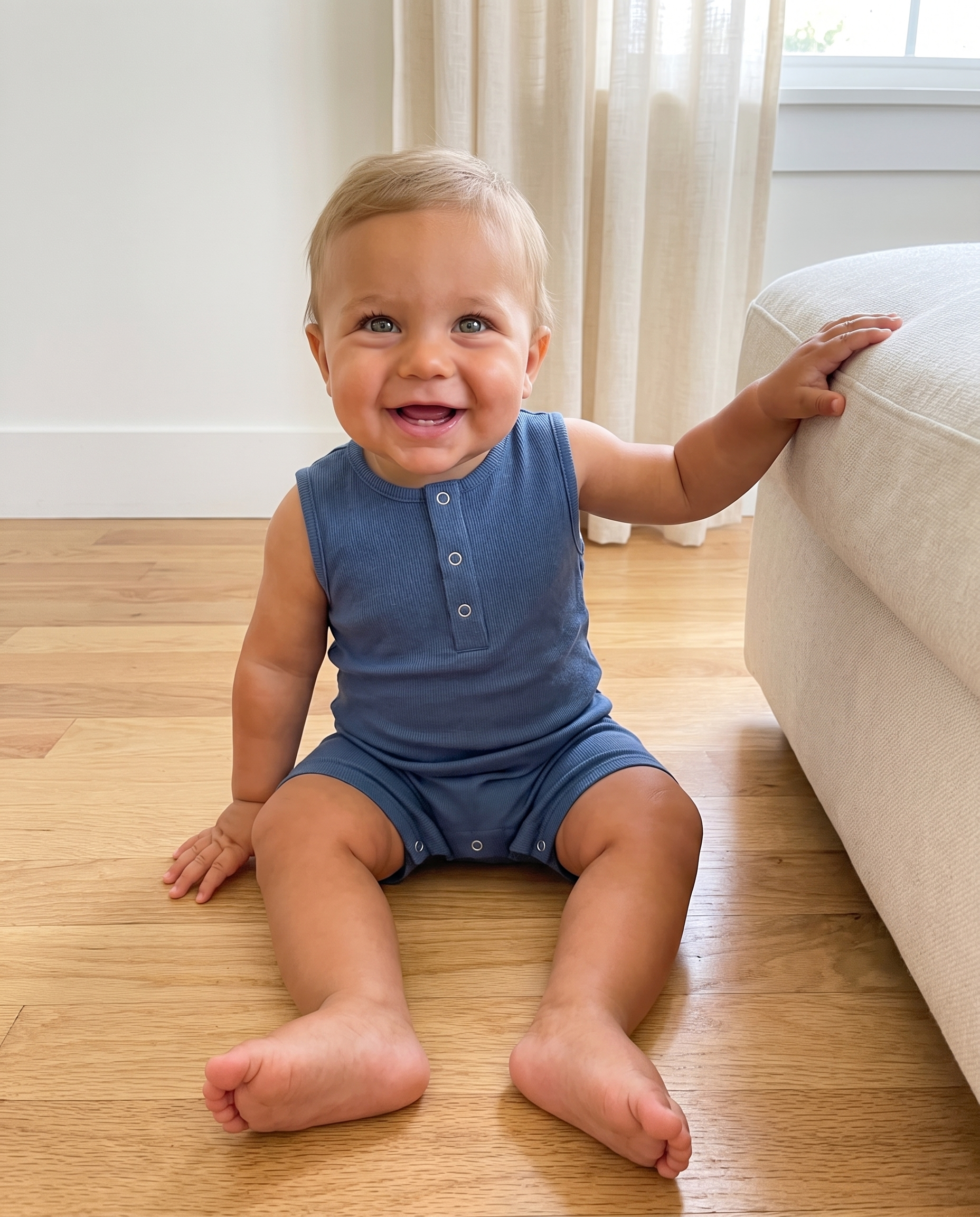 Sleeveless Snap Romper in Gray Blue