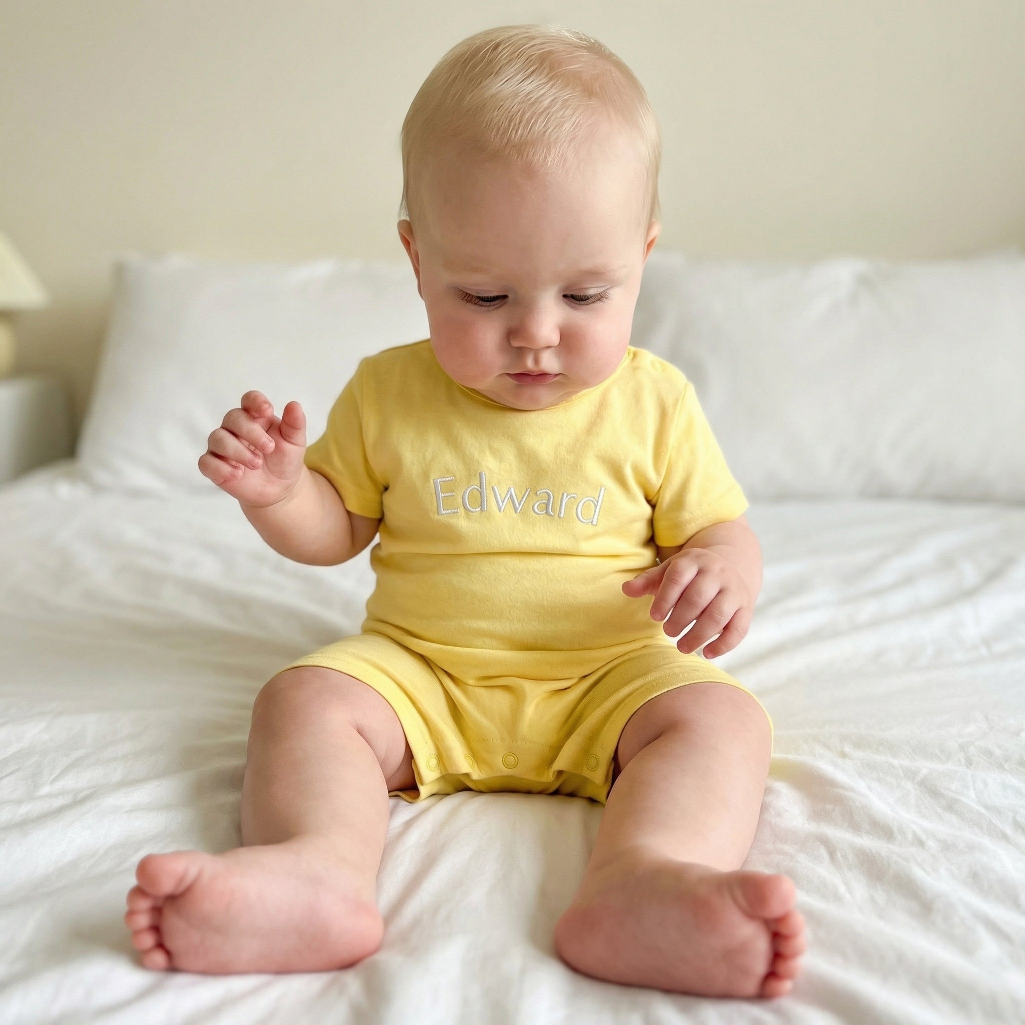 Embroidered Short Sleeve Snap Romper in Lemon
