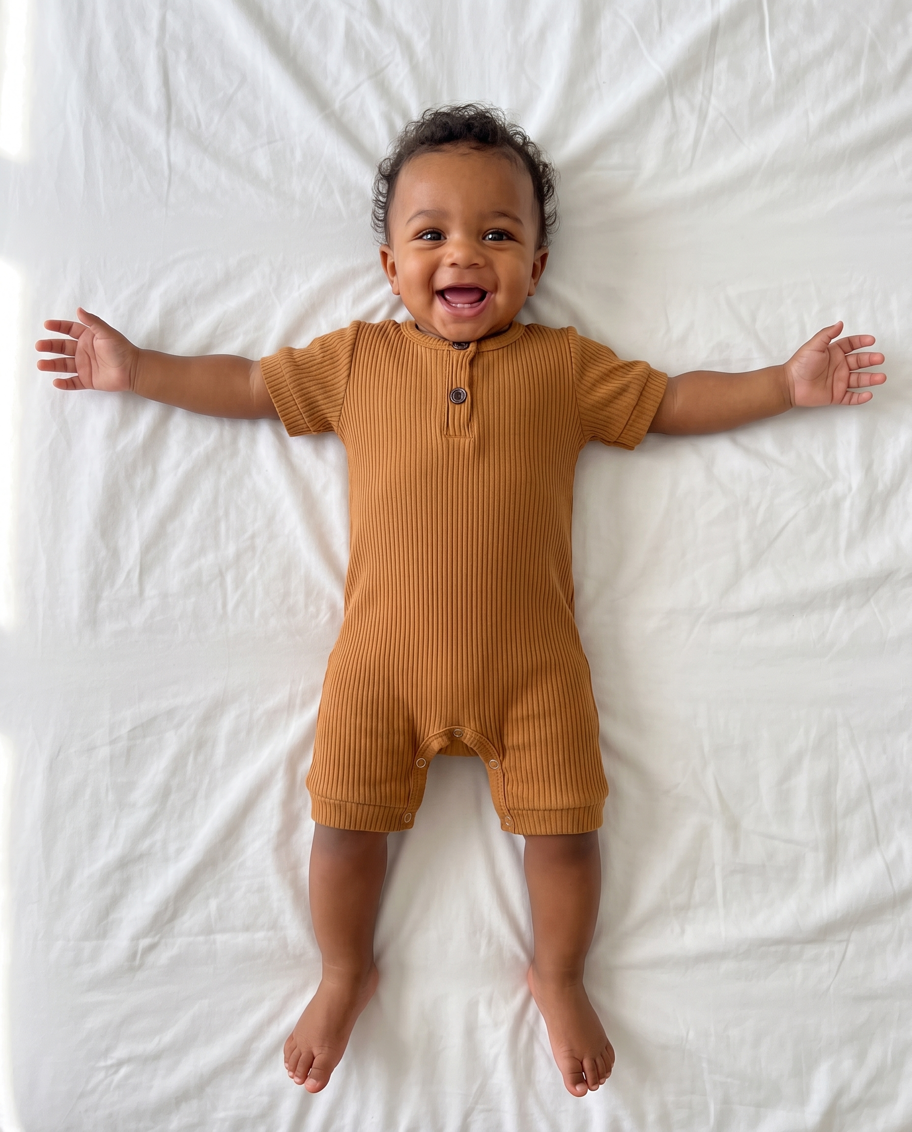 Ribbed Short-sleeved Snap Romper in Brown