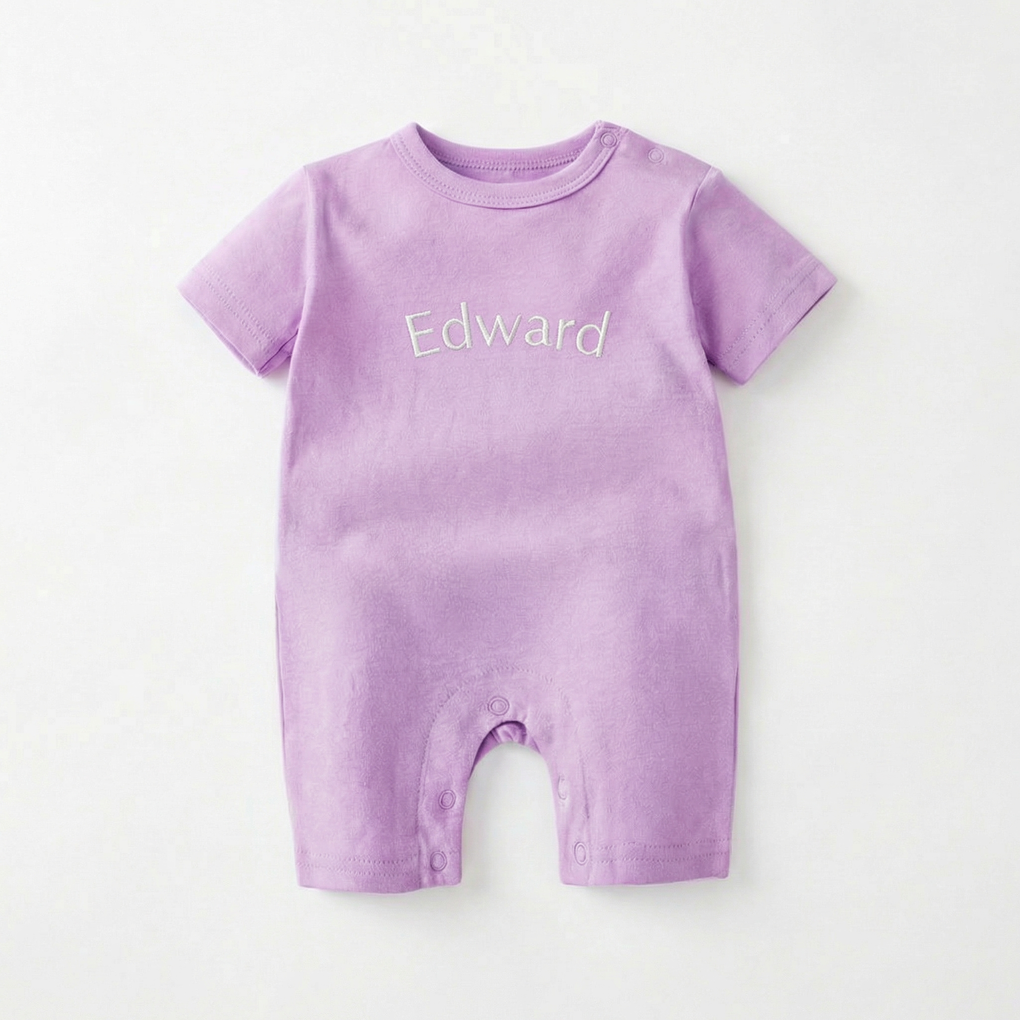 Embroidered Short Sleeve Snap Romper in Lilac Mist