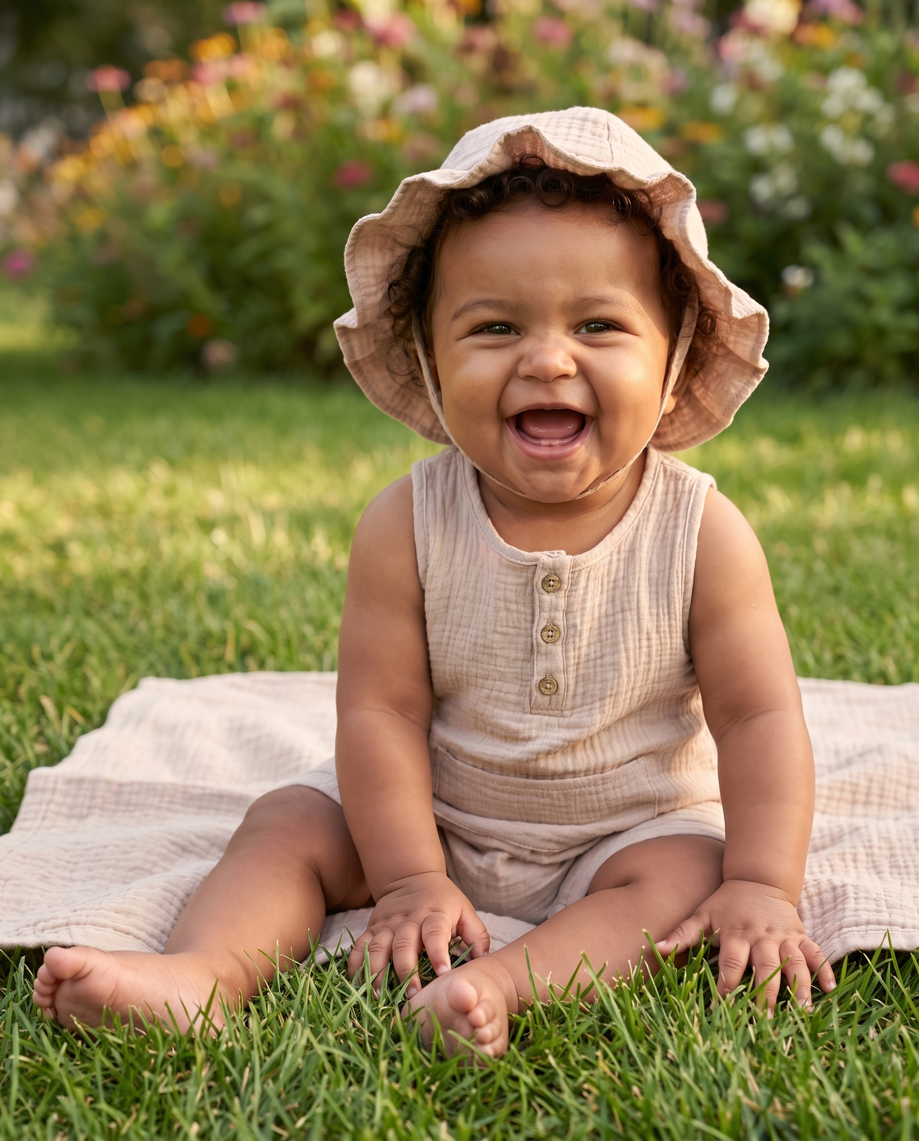 Sleeveless Gauze Snap Romper with Hat in Wheat