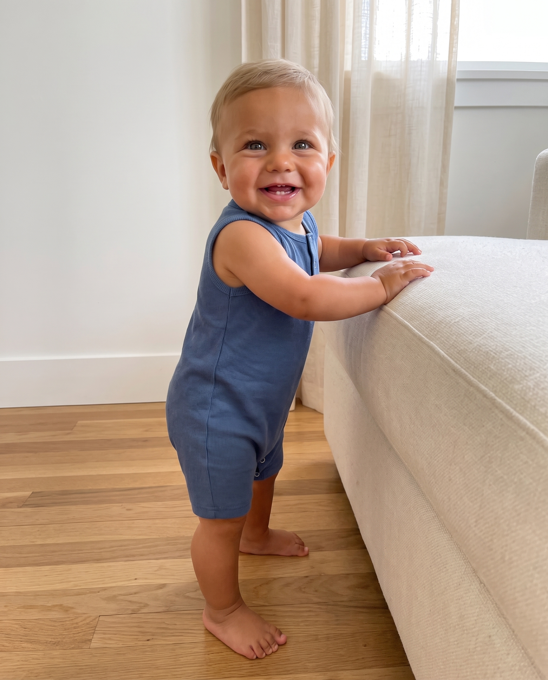 Sleeveless Snap Romper in Gray Blue
