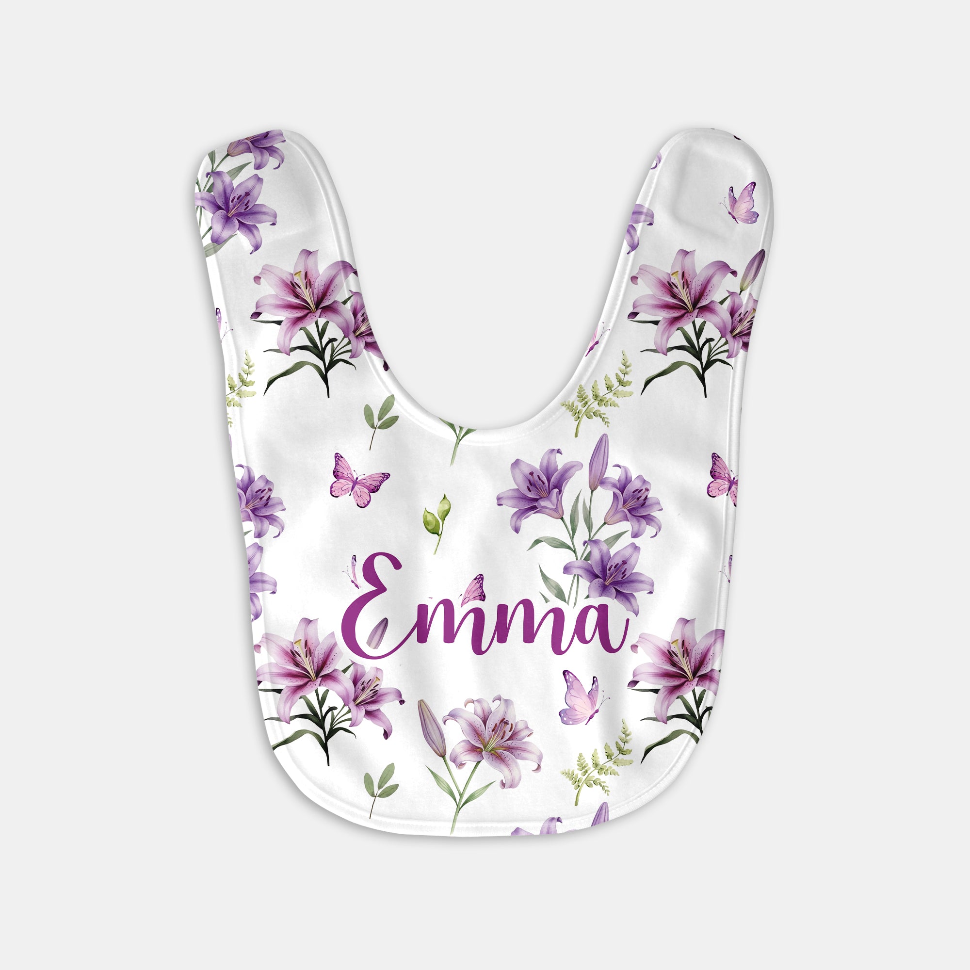 Personalized Bib and Burp Cloth Set in Purple Lilys
