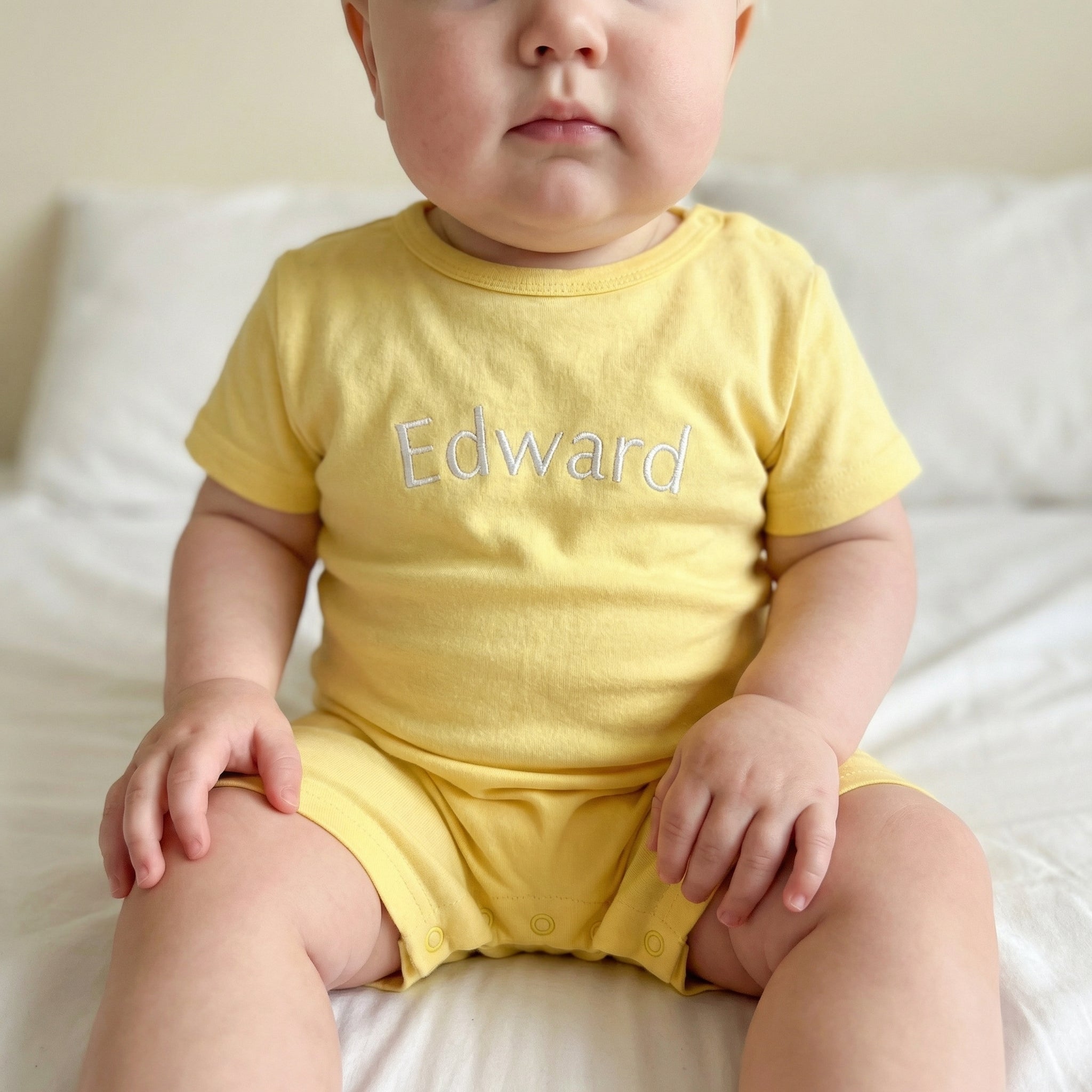Embroidered Short Sleeve Snap Romper in Lemon