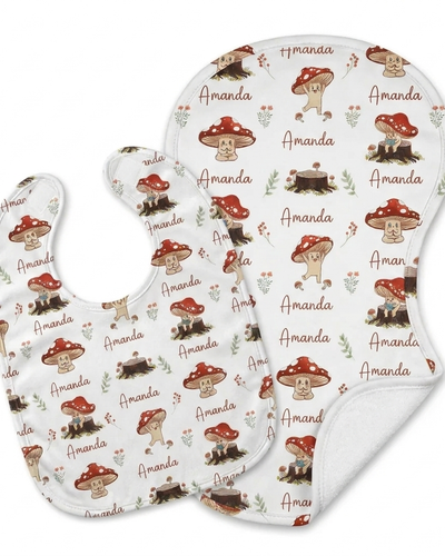 Personalized Bib and Burp Cloths in Mushroom