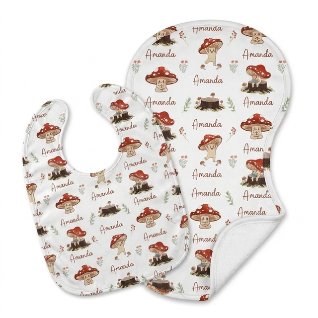 Personalized Bib and Burp Cloths in Mushroom