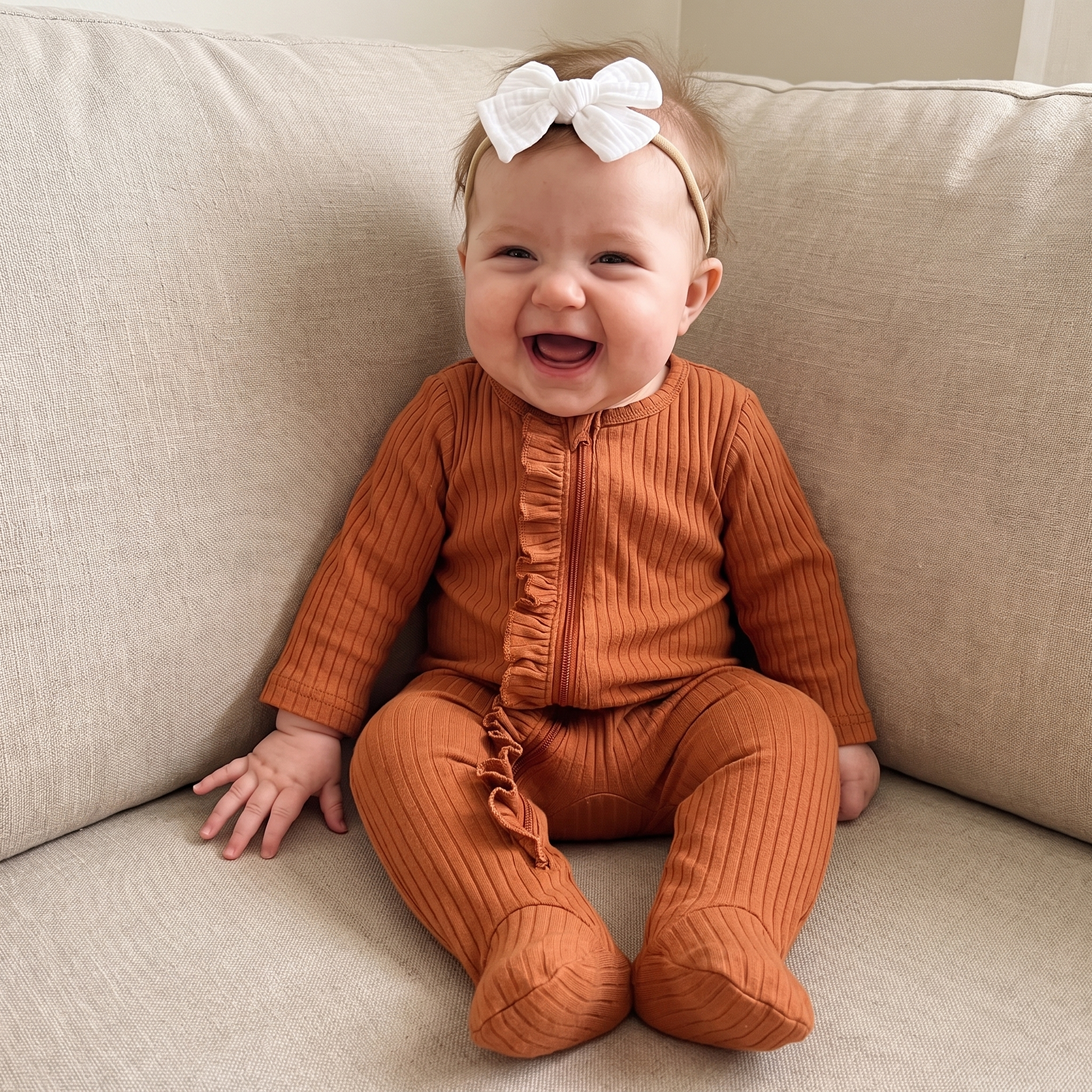 Ruffle Zipper Footie in Orange