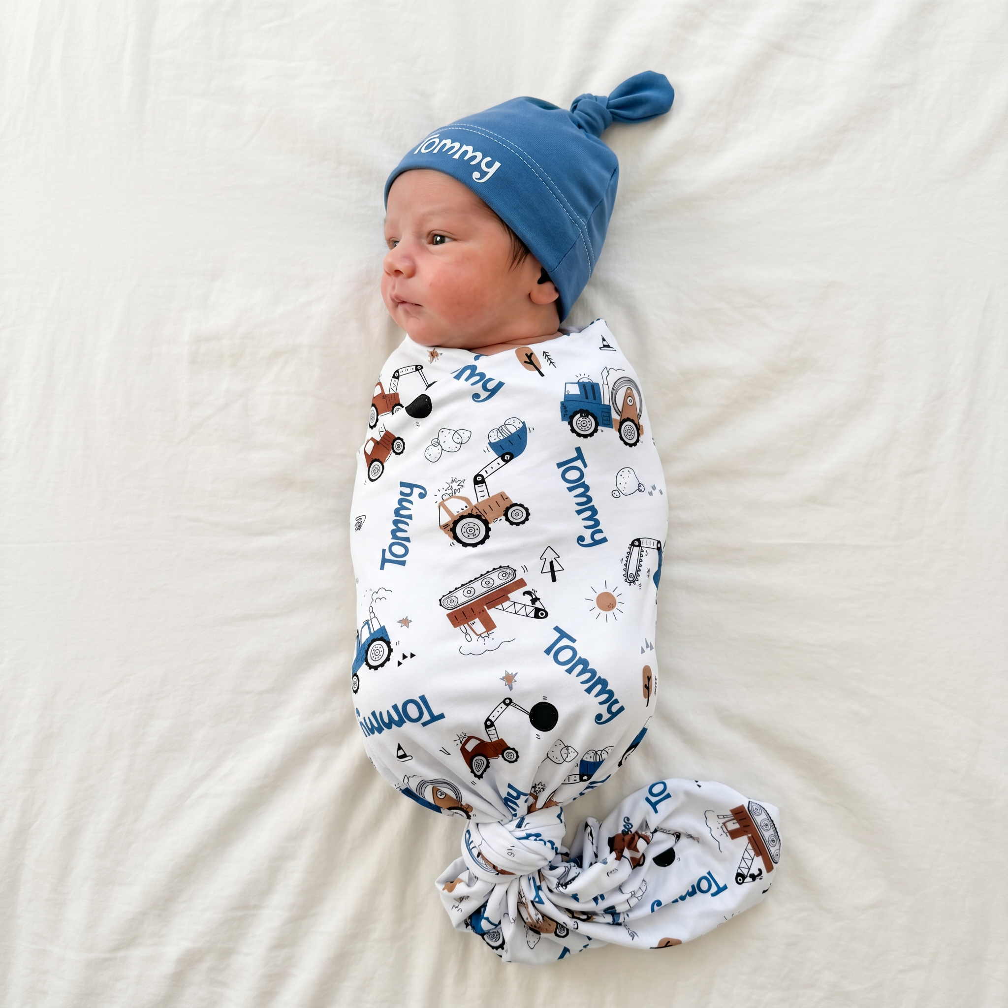 Personalized Swaddle in Construction Vehicle
