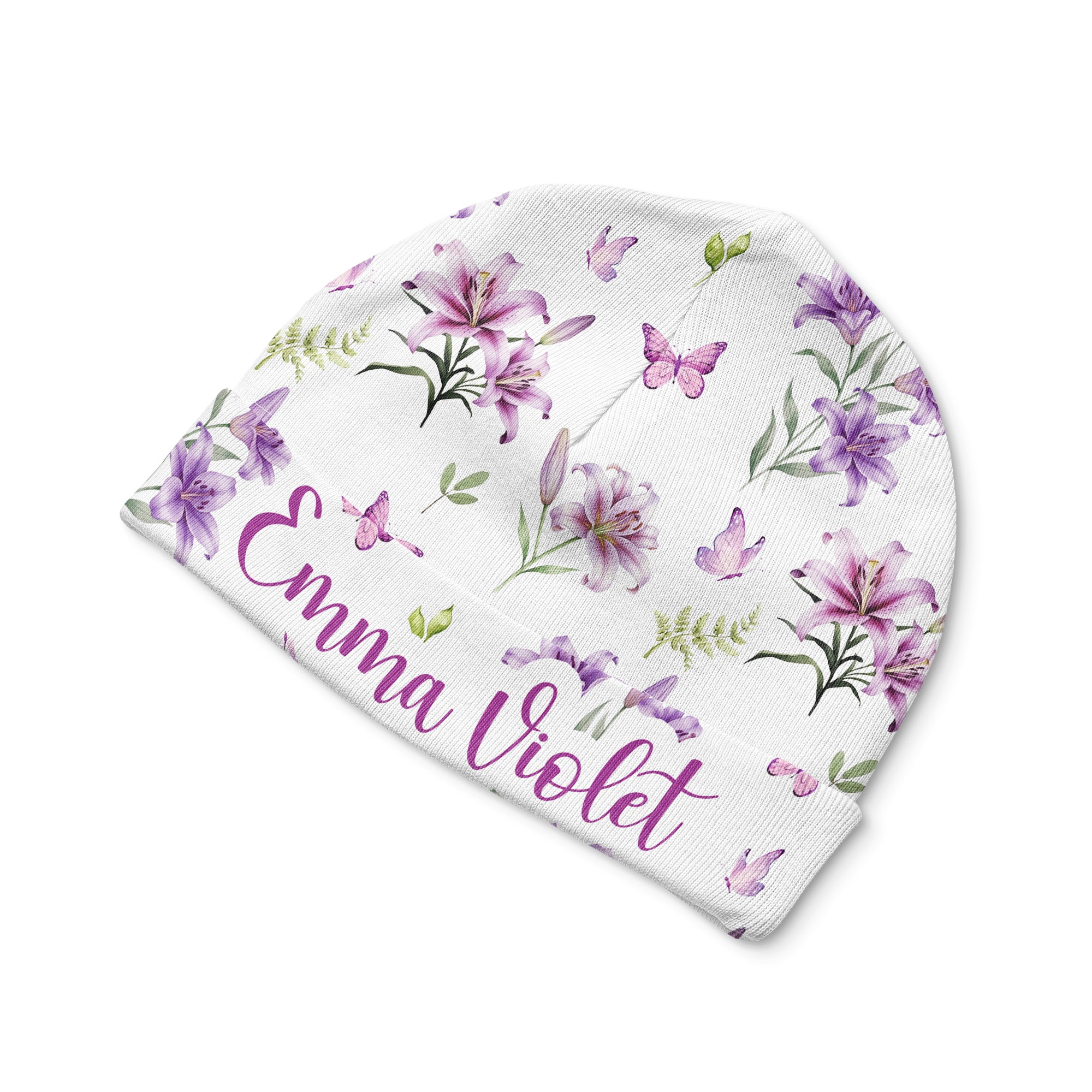 Personalized Beanie in Purple Lilys