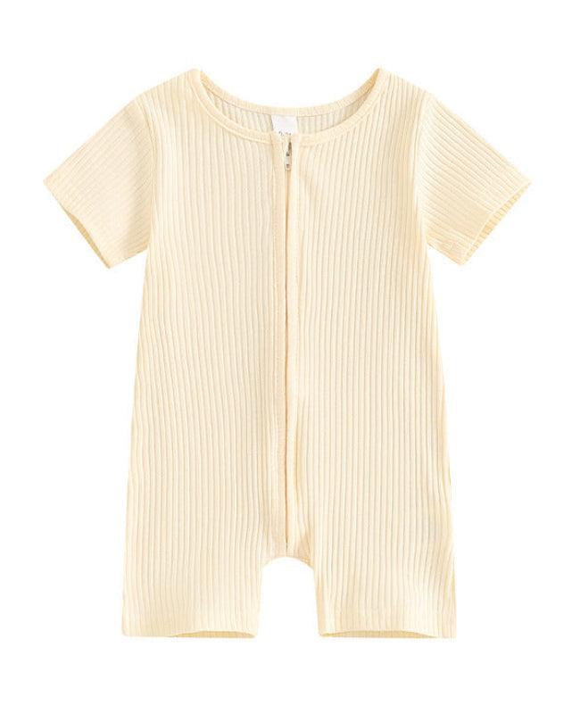 Short-sleeved Ribbed Zip Romper in Beige