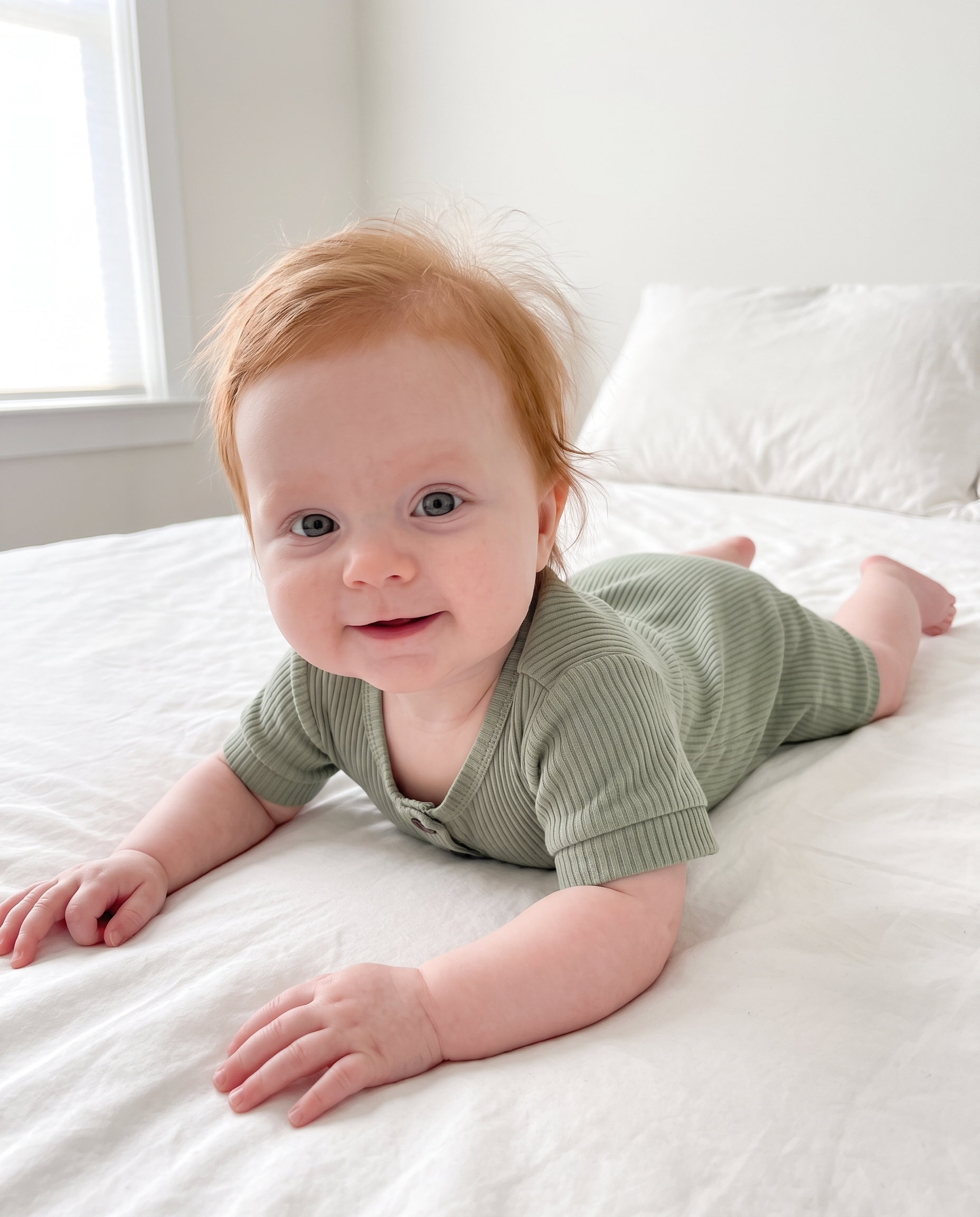 Ribbed Short-sleeved Snap Romper in Green