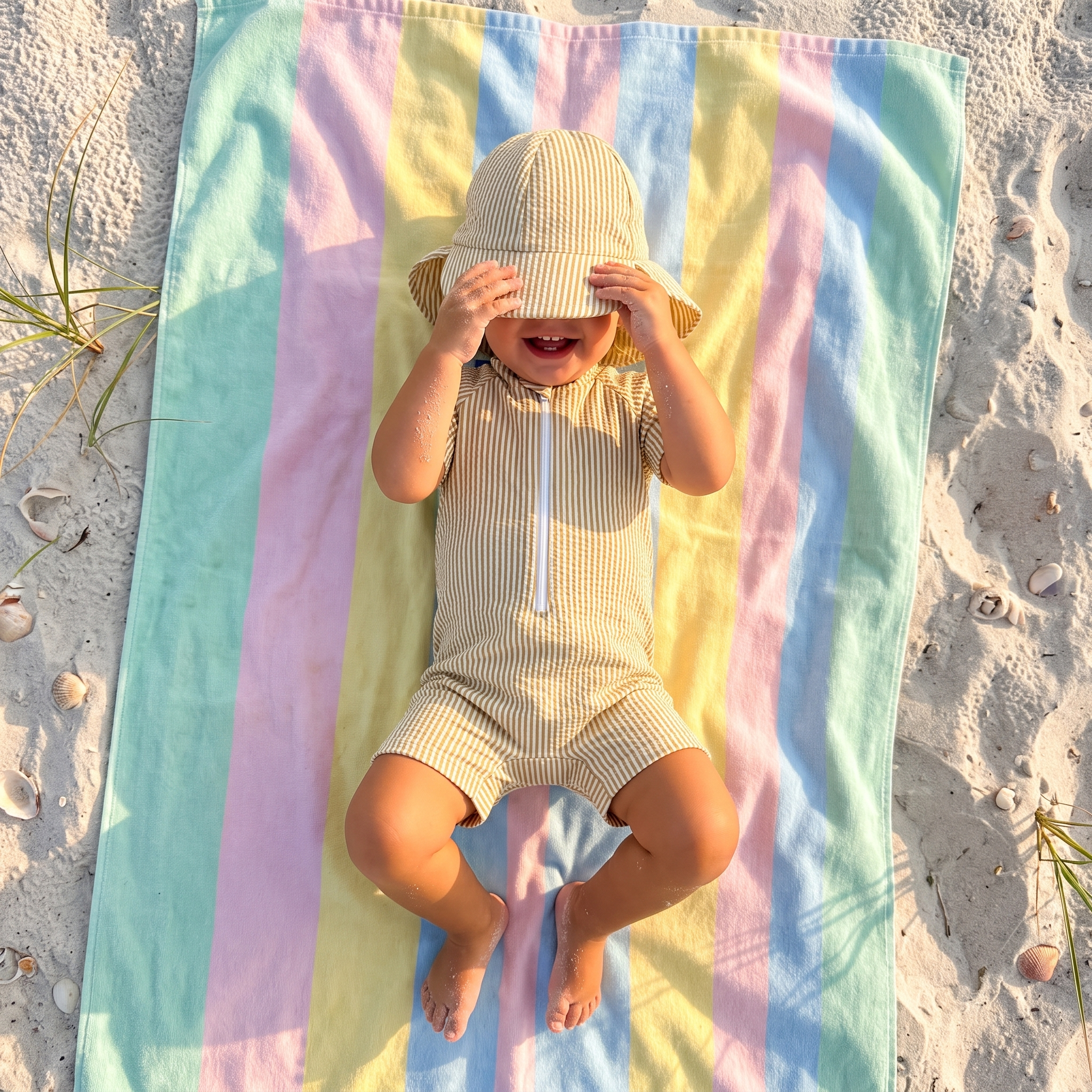 Striped Swim Romper with Hat in Khaki
