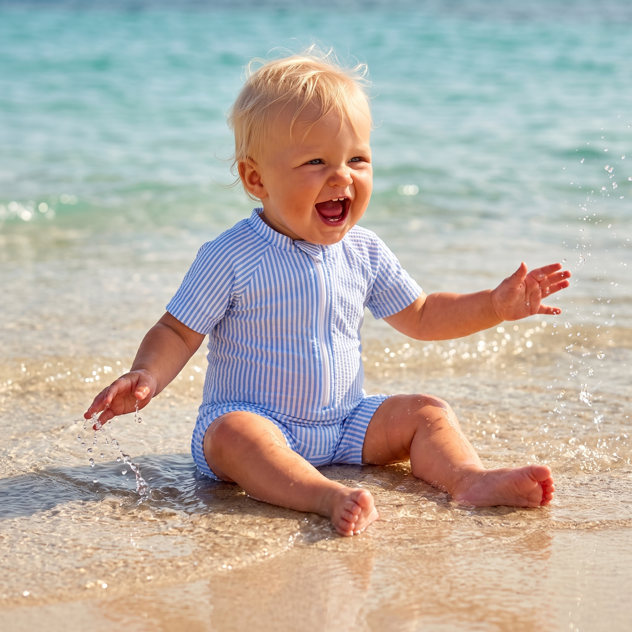 Striped Swim Romper with Hat in Blue