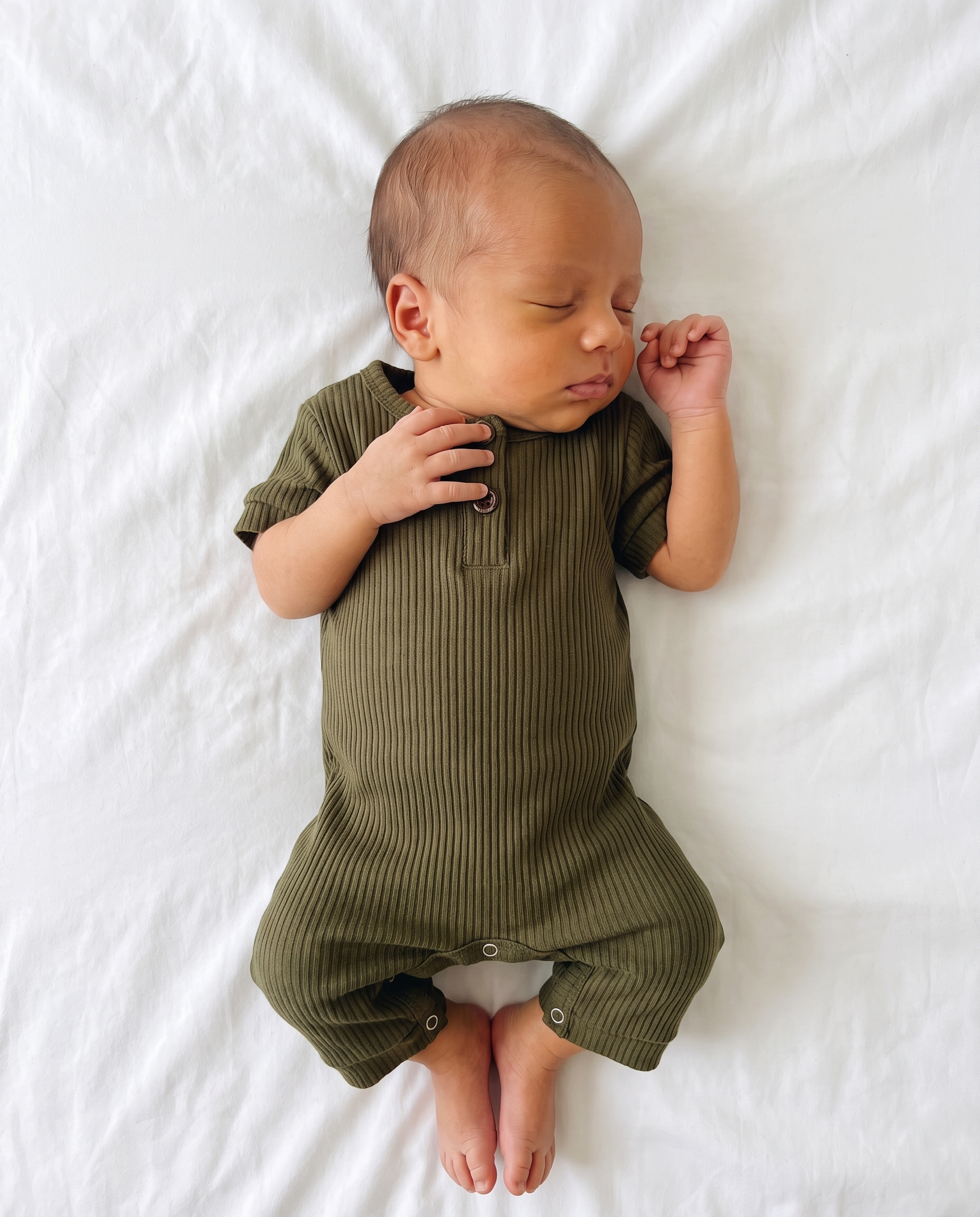 Ribbed Short-sleeved Snap Romper in Army Green