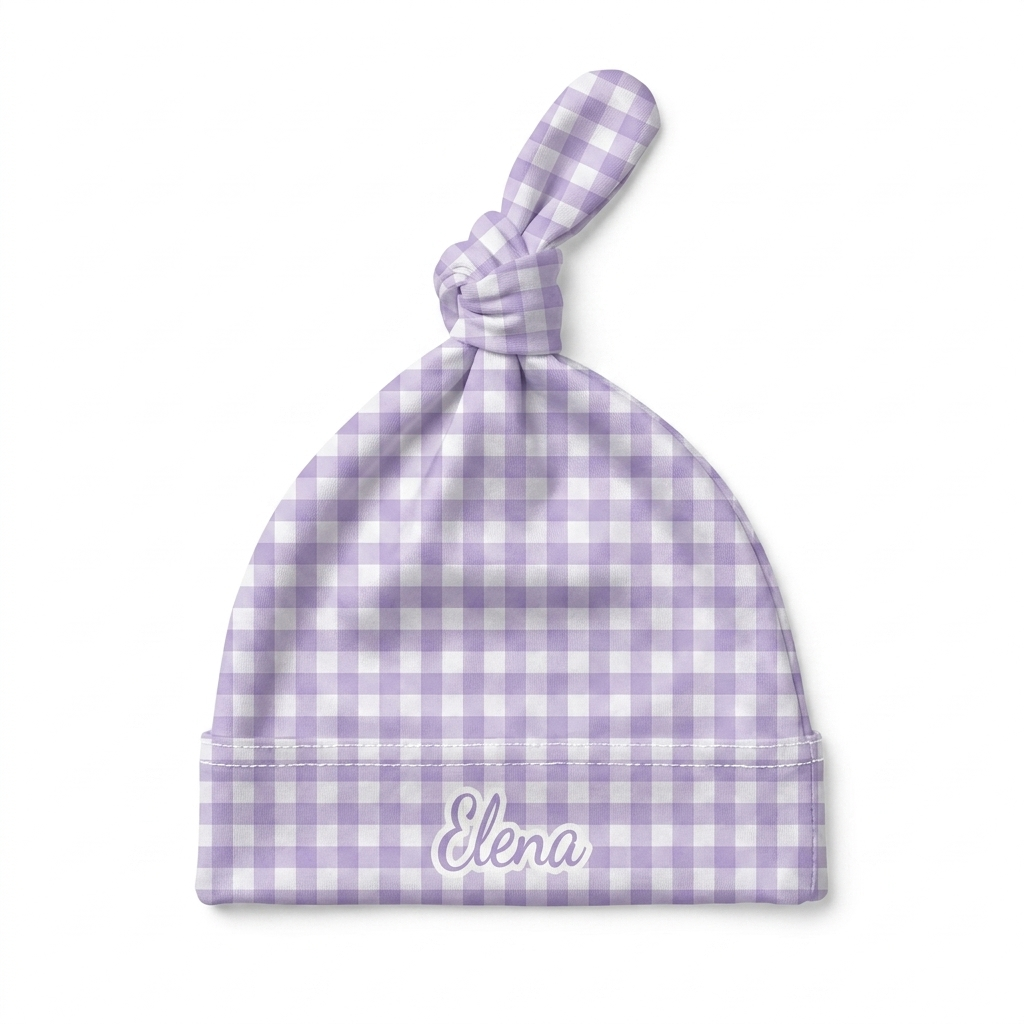Personalized Knotted Hat in Lilac Gingham