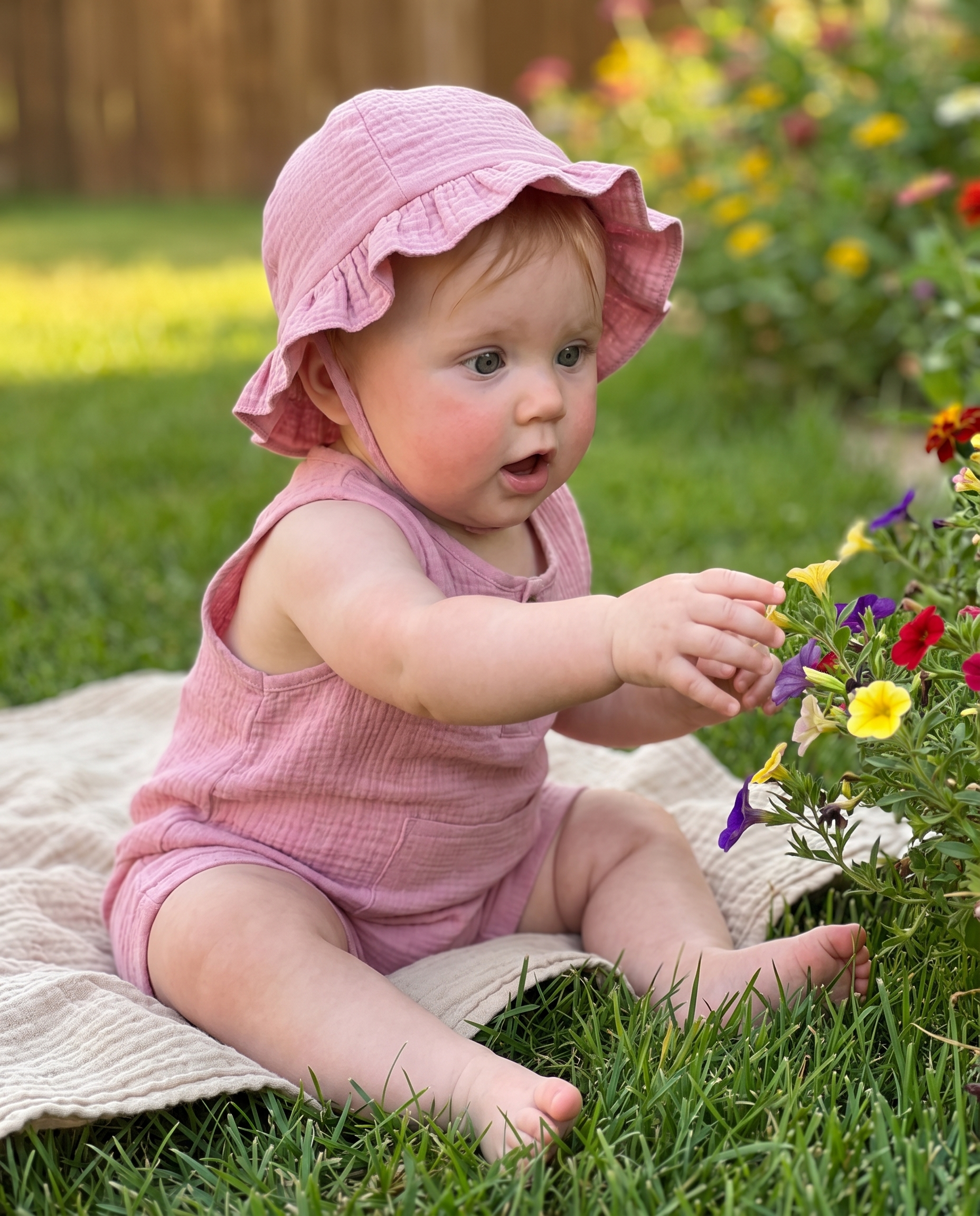 Sleeveless Gauze Snap Romper with Hat in Pink