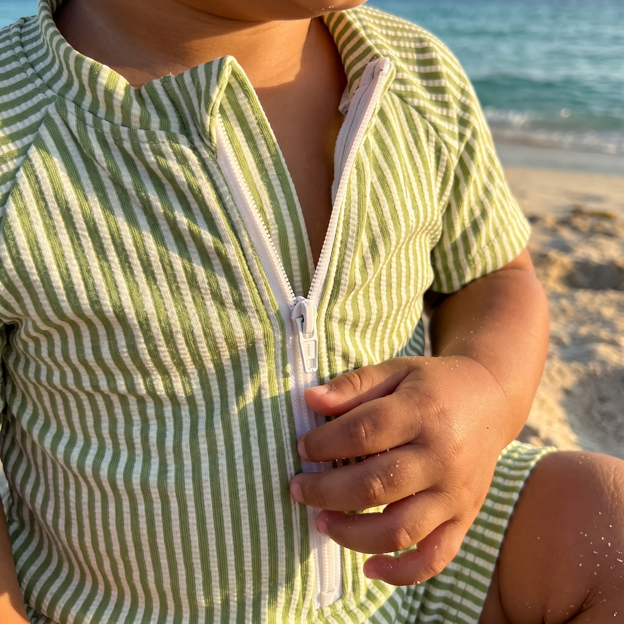 Striped Swim Romper with Hat in Green
