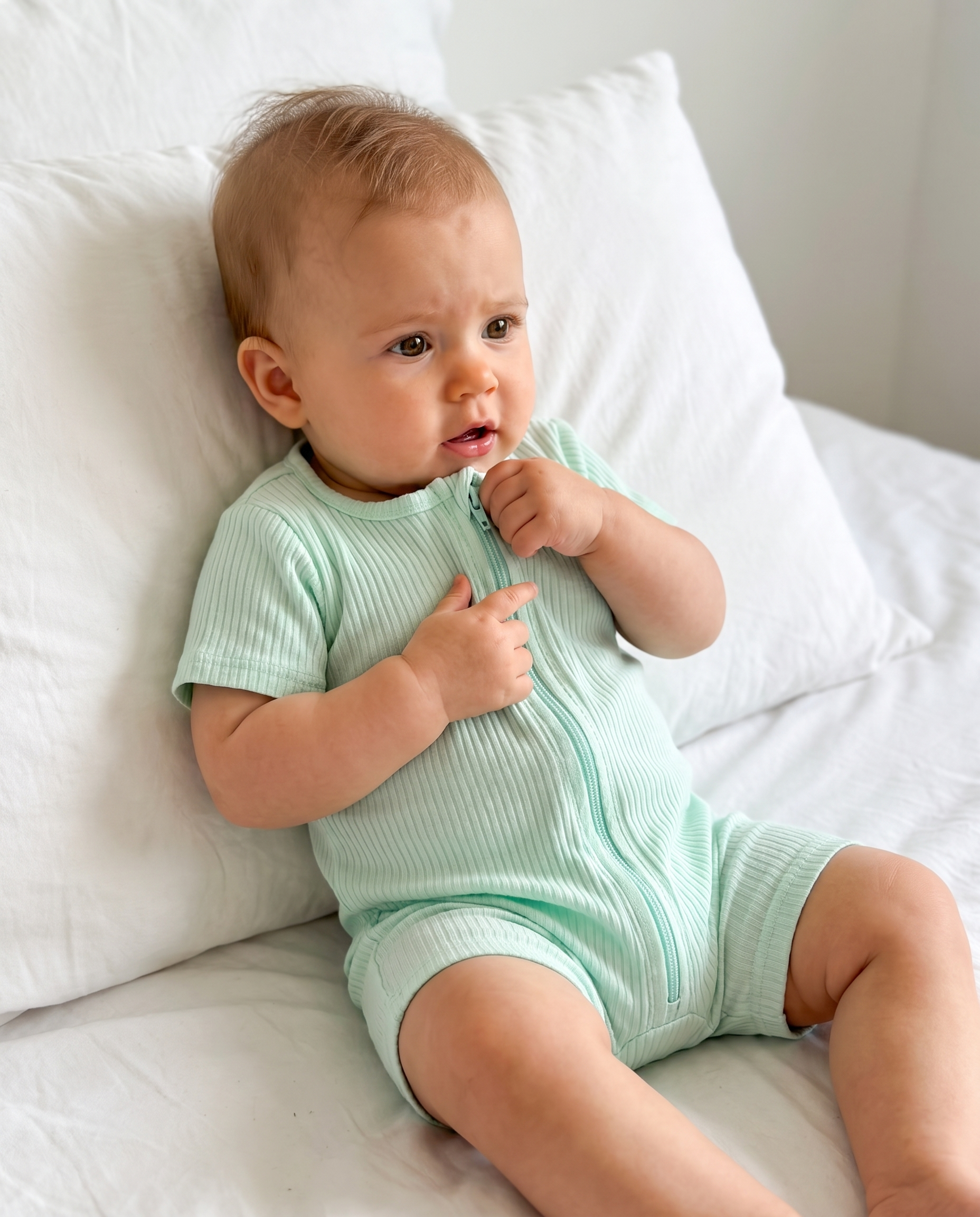 Short-sleeved Ribbed Zip Romper in Light Green
