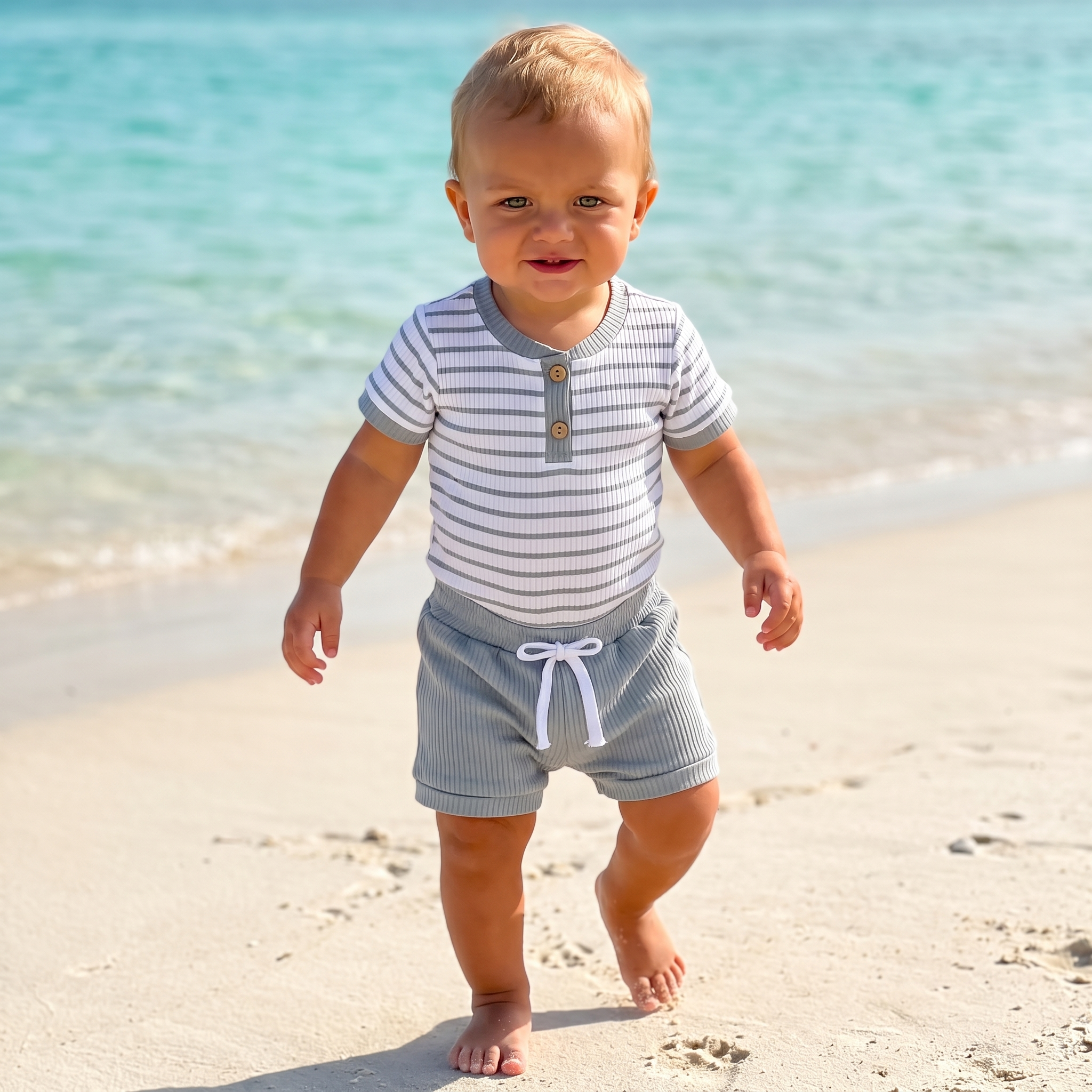 Striped Bodysuit & Shorts Set in Blue Grey