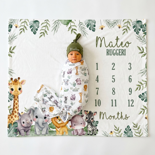Personalized Milestone Blanket in Safari Animal
