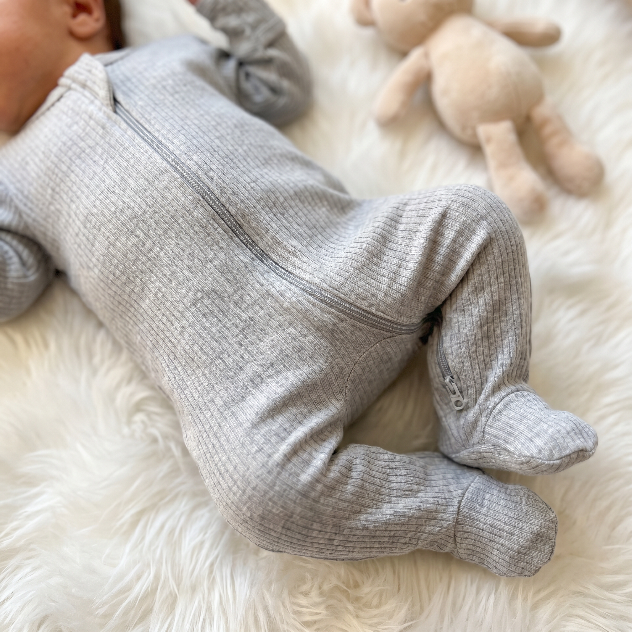 Ribbed Zipper Footie in Gray