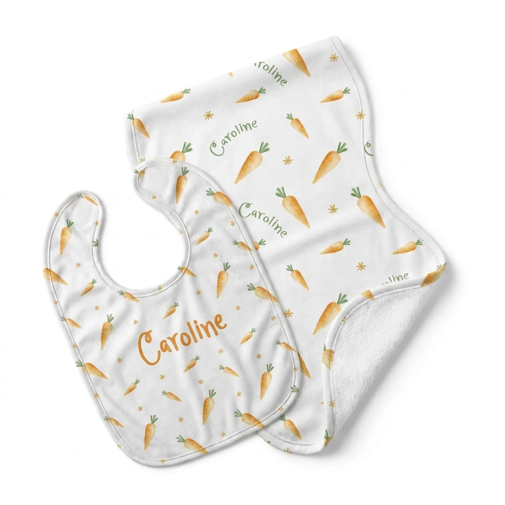 Personalized Bib and Burp Cloths in Carrot