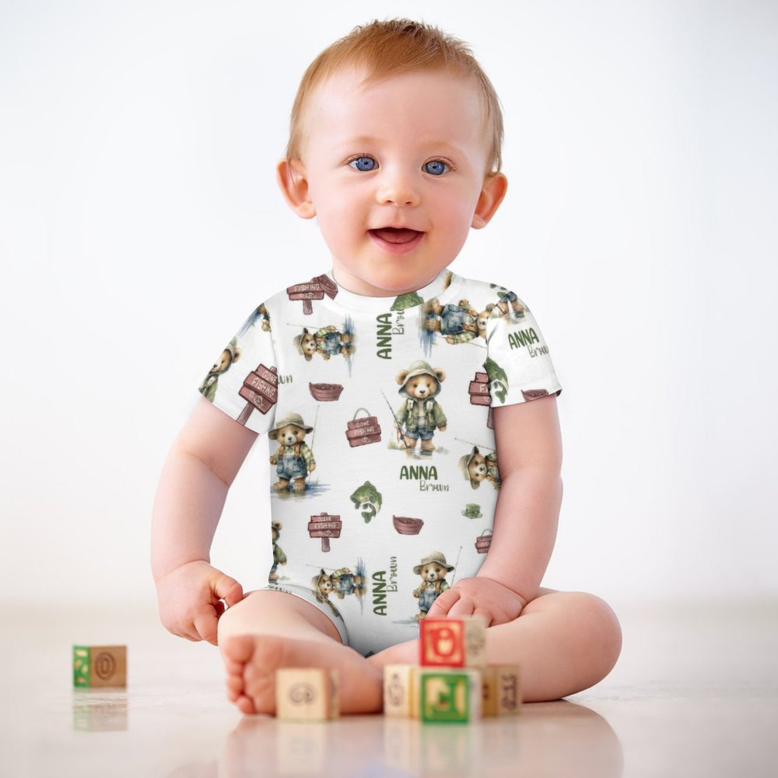 Personalized Bodysuit Romper in Bear Fishing